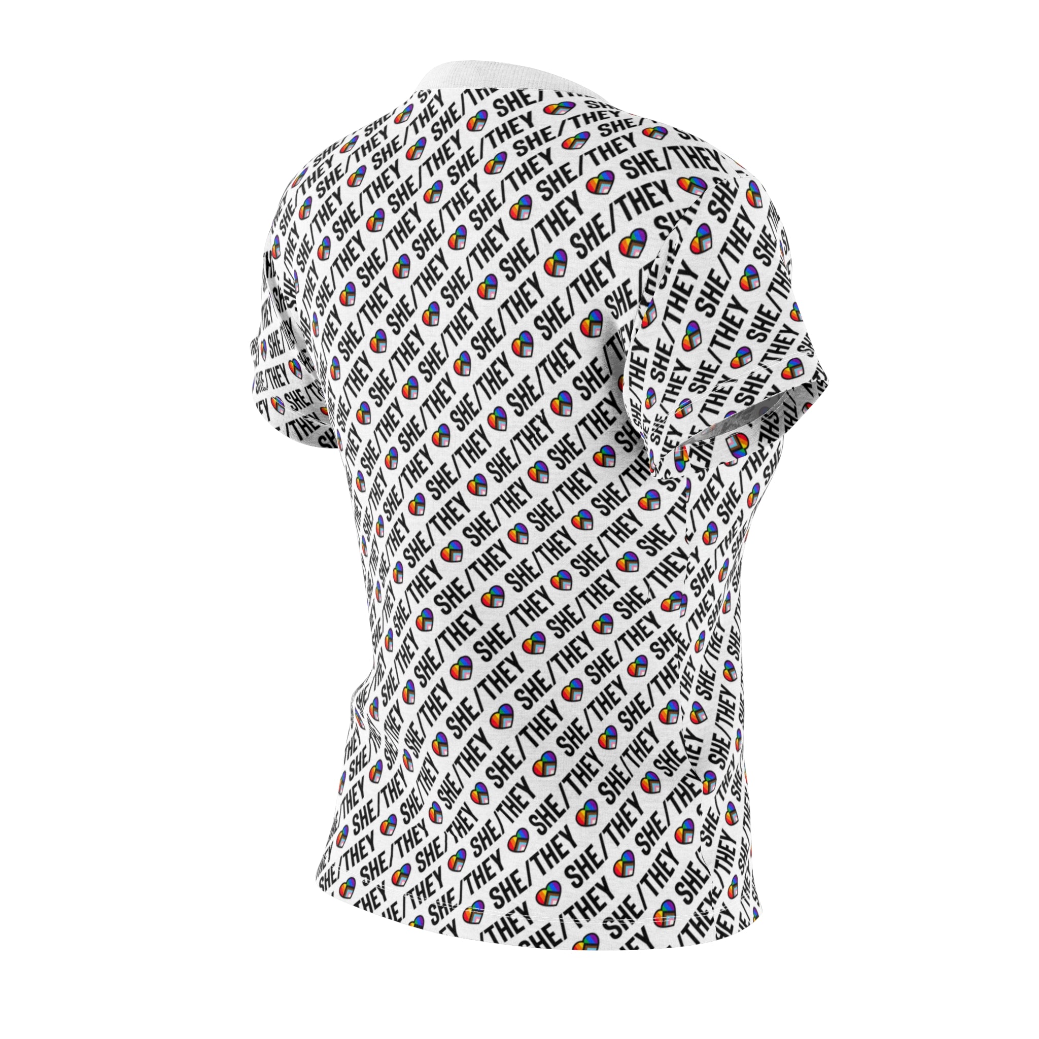 She/They Pride Pattern Women’s T-Shirt | All-Over Print Pronoun Tee