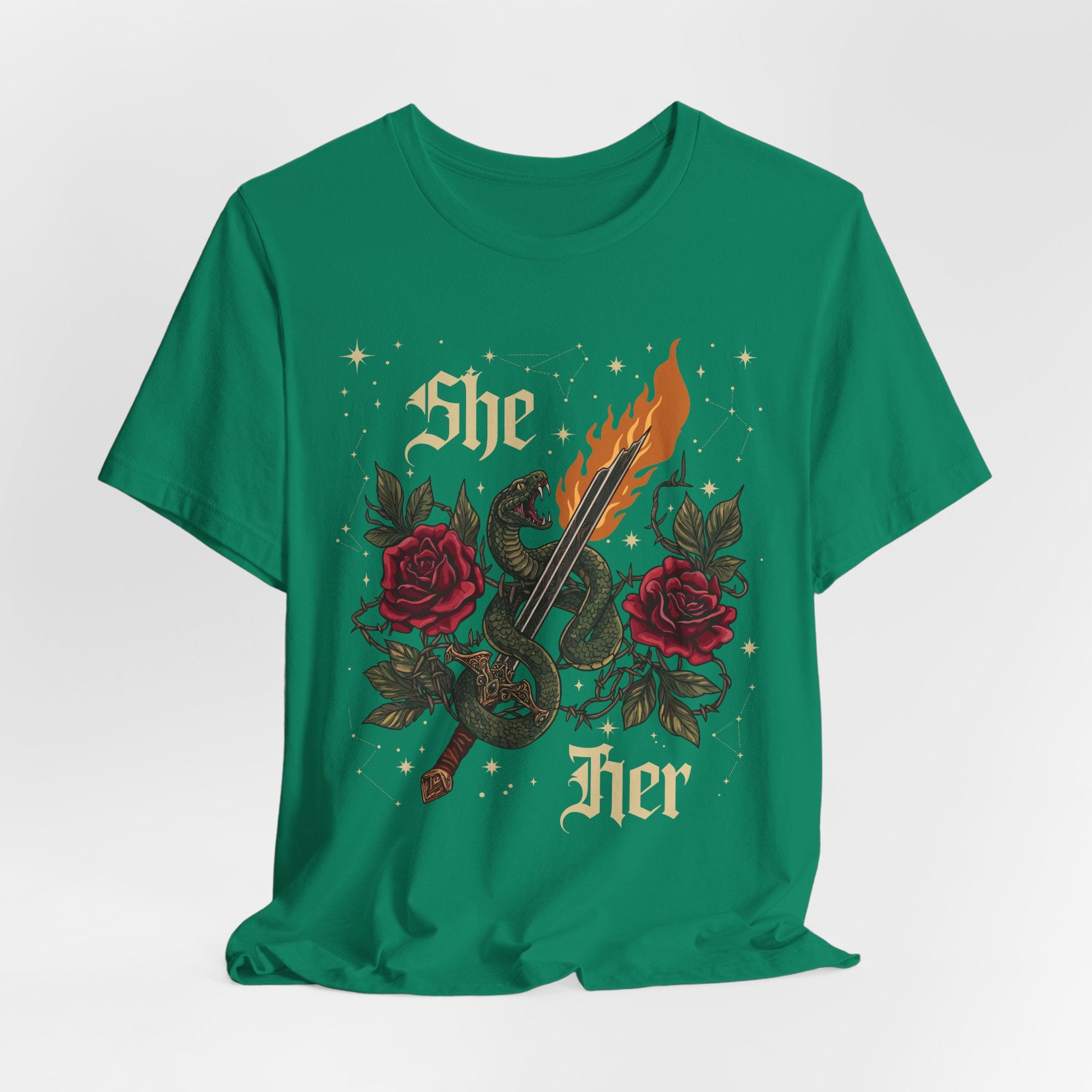 She/Her Gothic Tattoo T-Shirt | Bella+Canvas 3001 Pronoun Graphic Tee