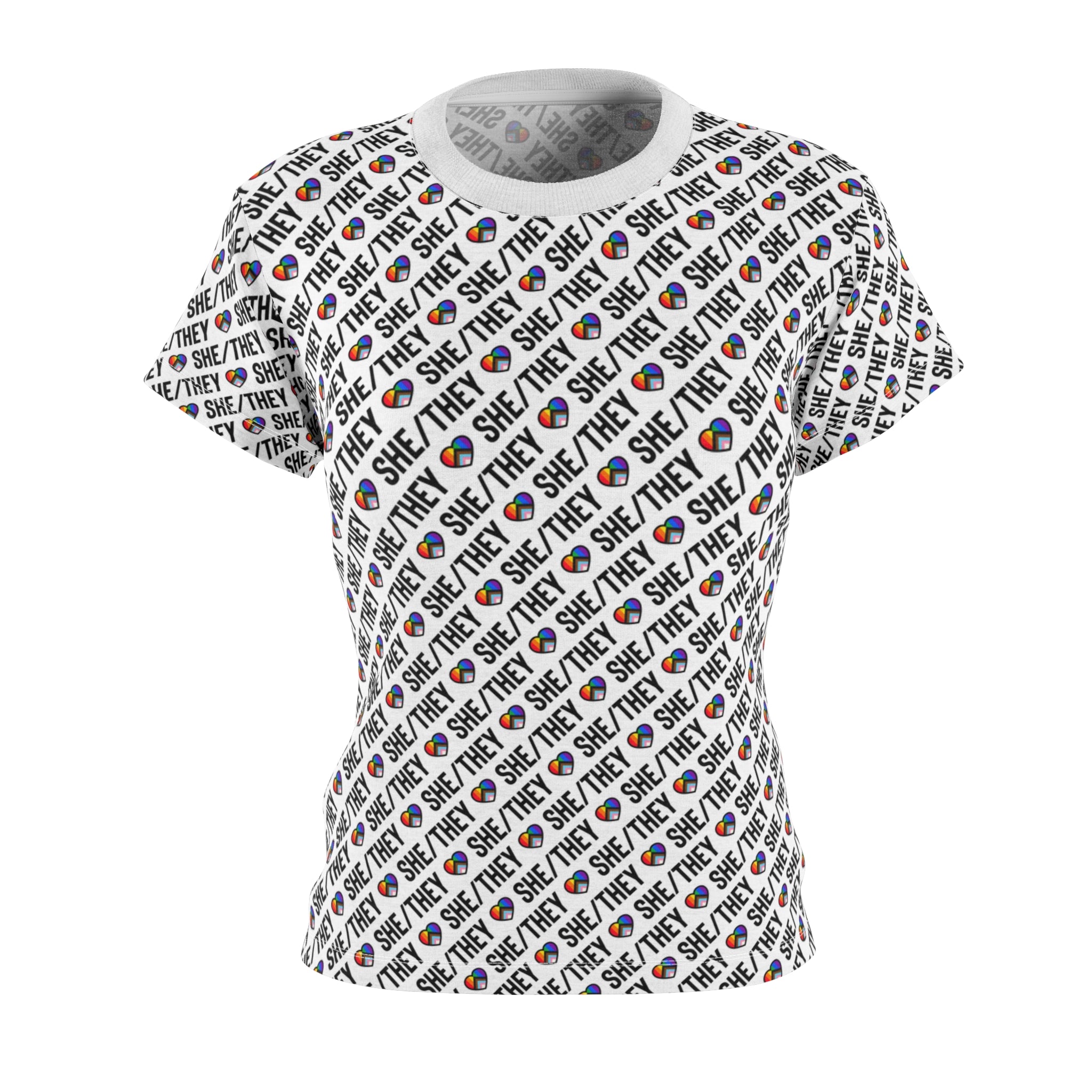 She/They Pride Pattern Women’s T-Shirt | All-Over Print Pronoun Tee