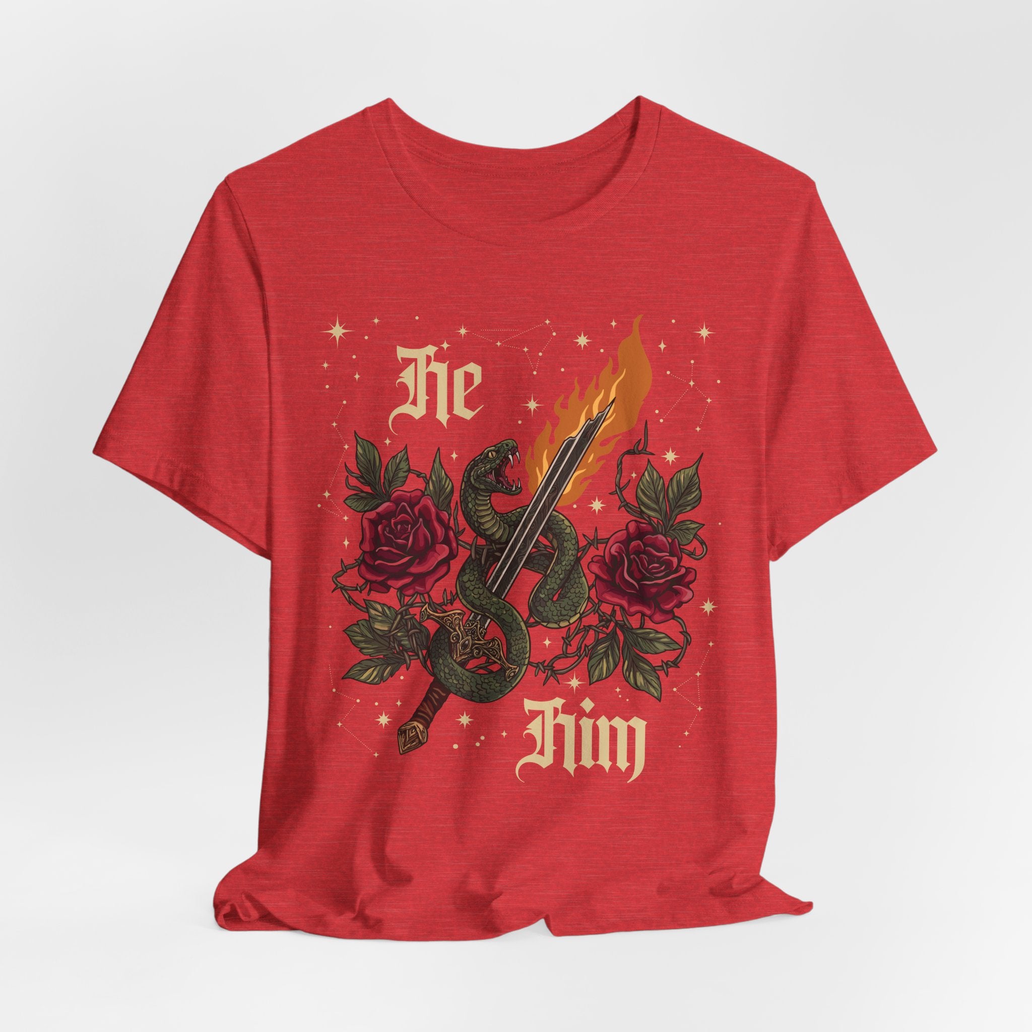 He/Him Gothic Tattoo T-Shirt | Bella+Canvas 3001 Pronoun Graphic Tee