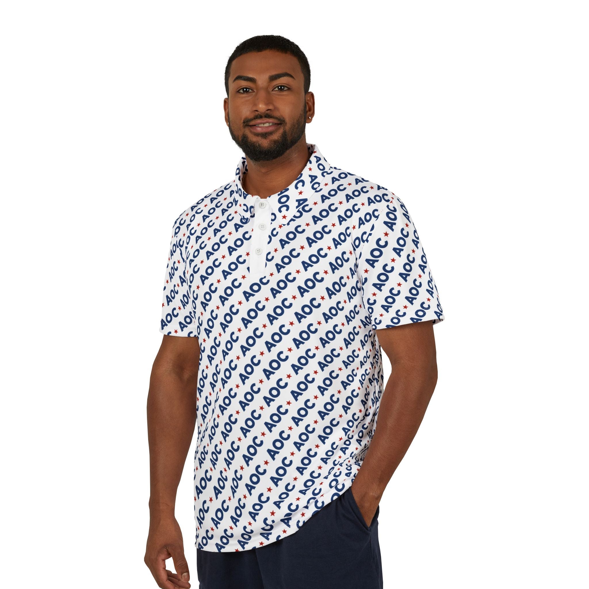 AOC All-Over Print Polo Shirt – Political Graphic Polo, Progressive Apparel, Alexandria Ocasio-Cortez Repeat Print Shirt