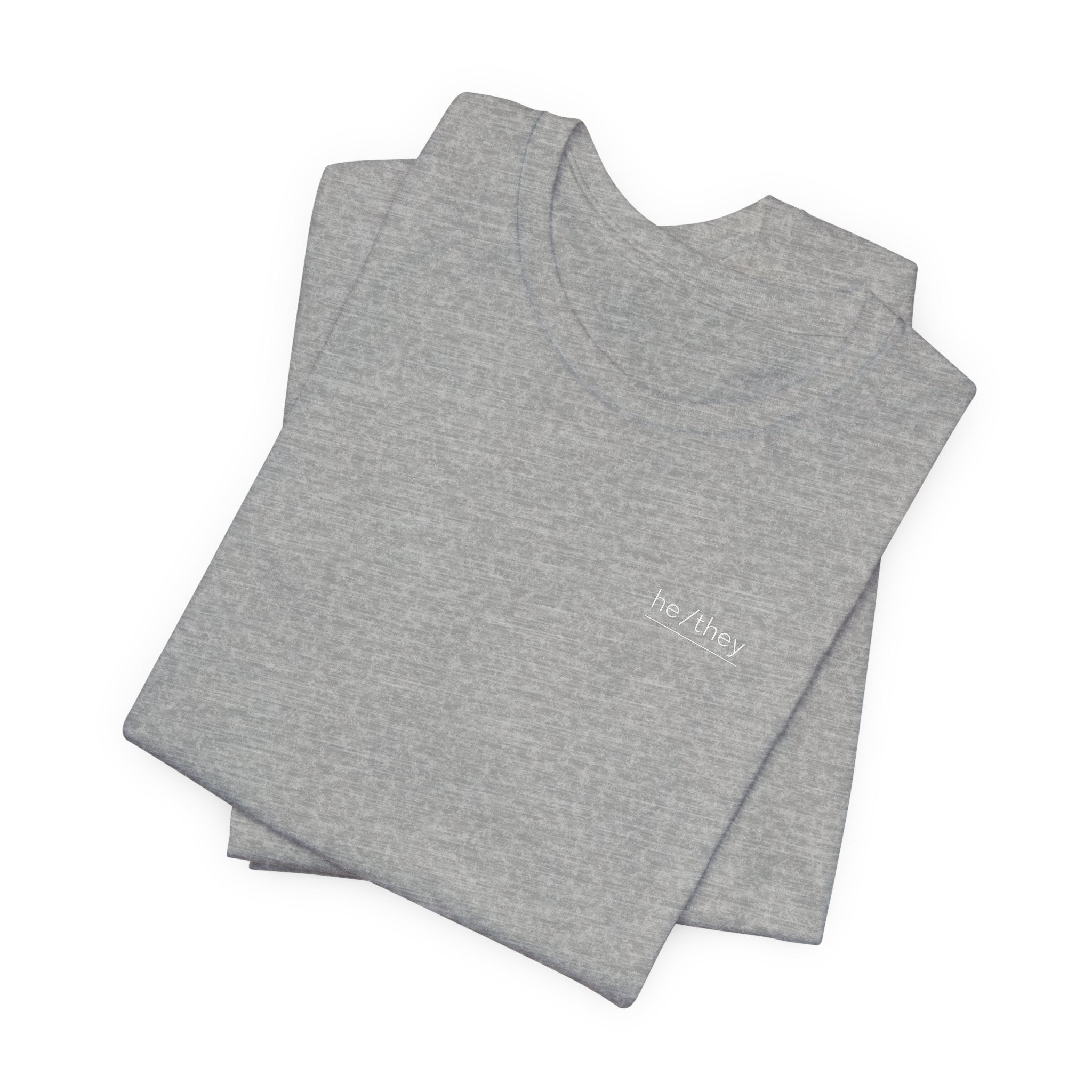 he/they Pronoun T-Shirt – Minimalist Chest Graphic Tee