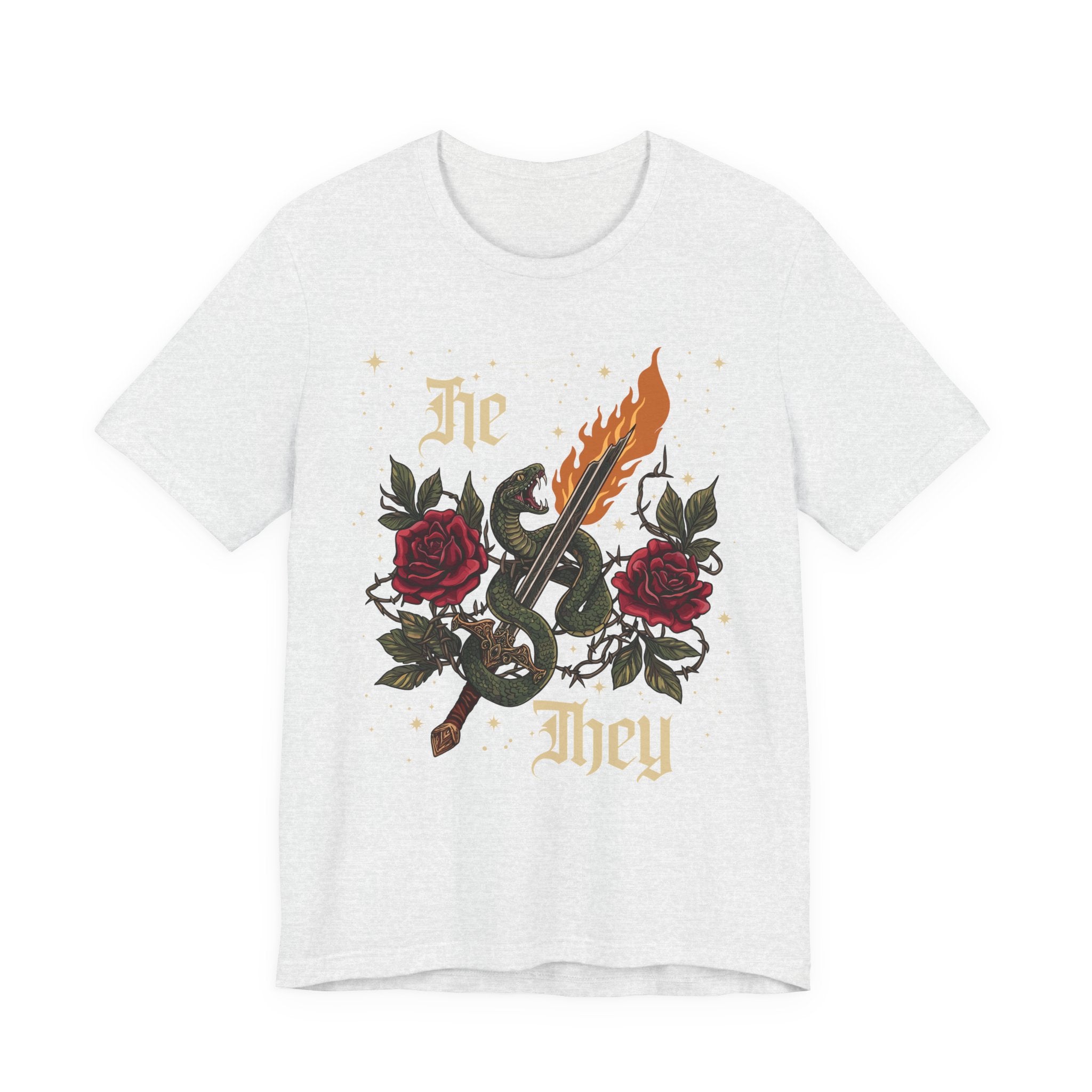 He/They Gothic Tattoo T-Shirt | Bella+Canvas 3001 Pronoun Graphic Tee