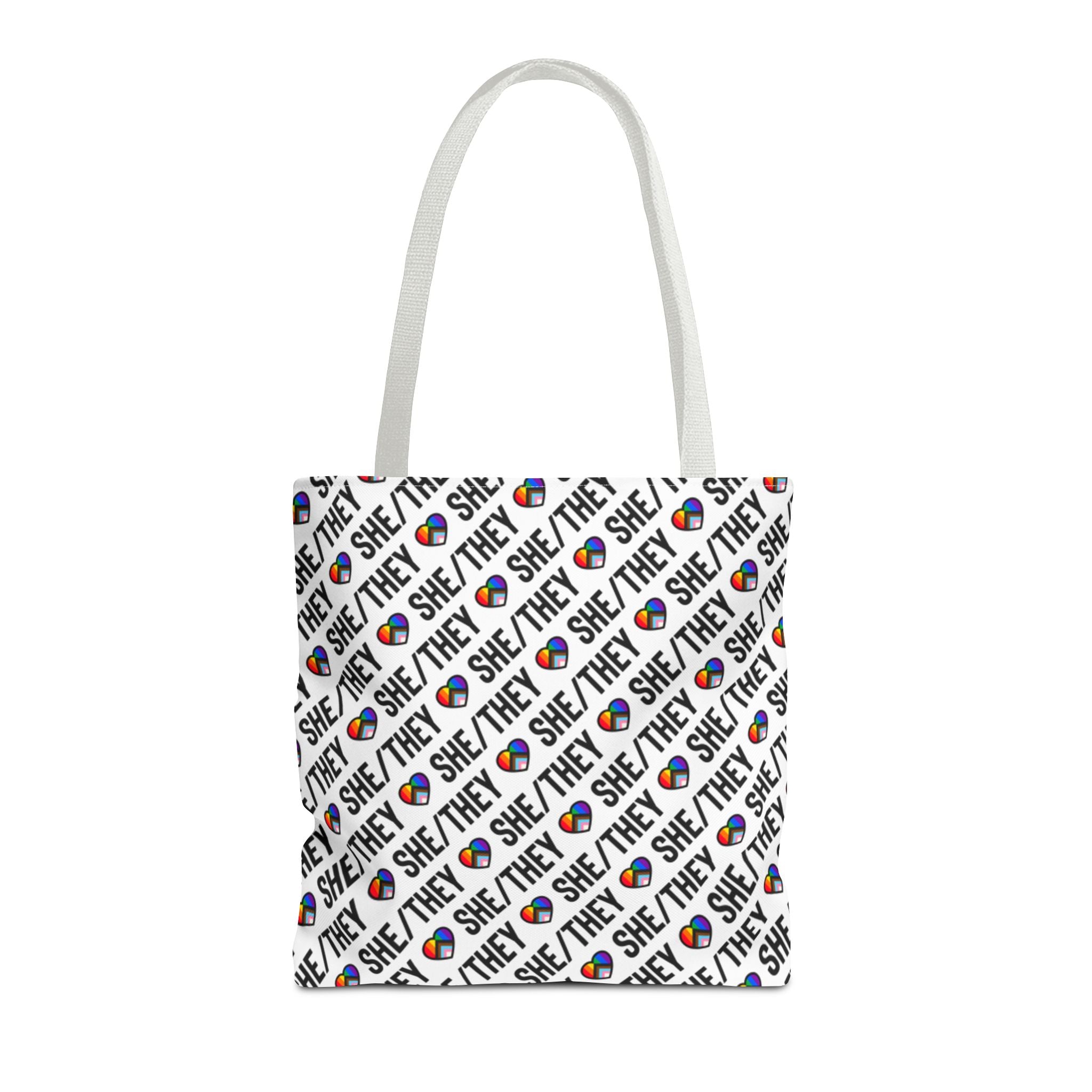 She/They Pride Pattern Tote Bag | All-Over Print Pronoun Carryall
