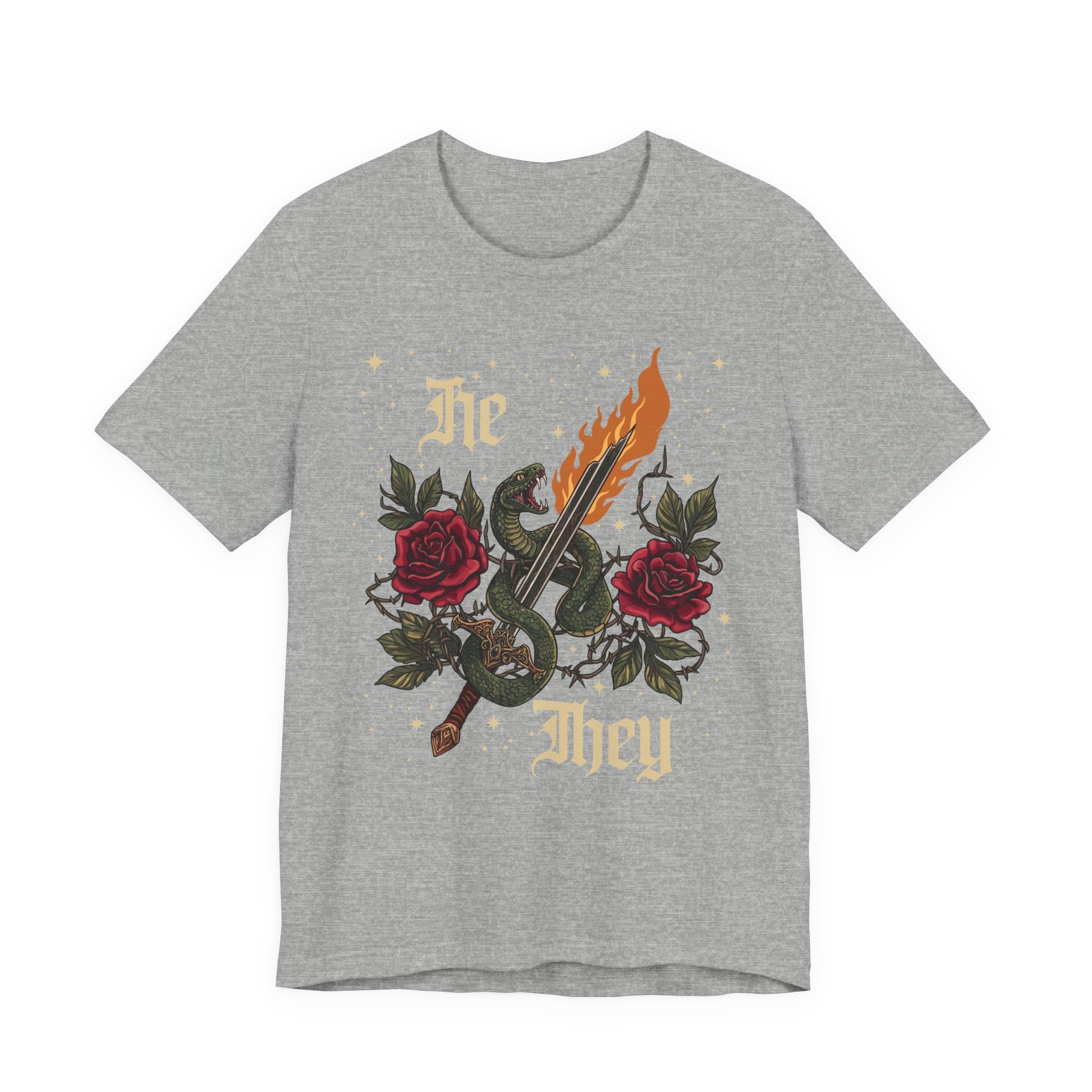 He/They Gothic Tattoo T-Shirt | Bella+Canvas 3001 Pronoun Graphic Tee