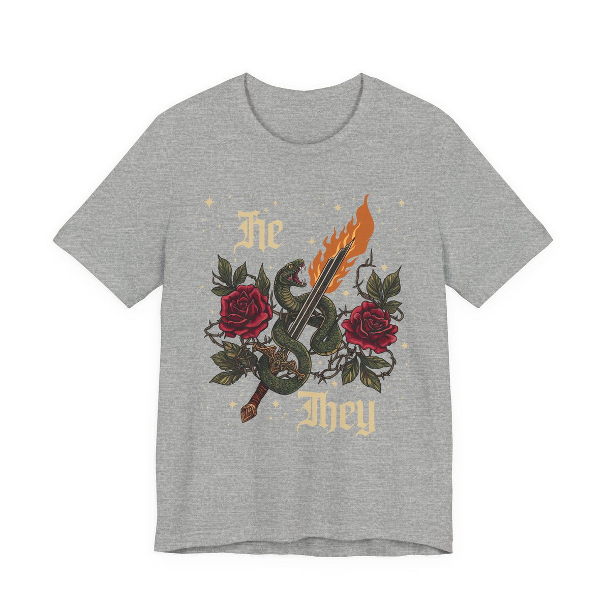 He/They Gothic Tattoo T-Shirt | Bella+Canvas 3001 Pronoun Graphic Tee