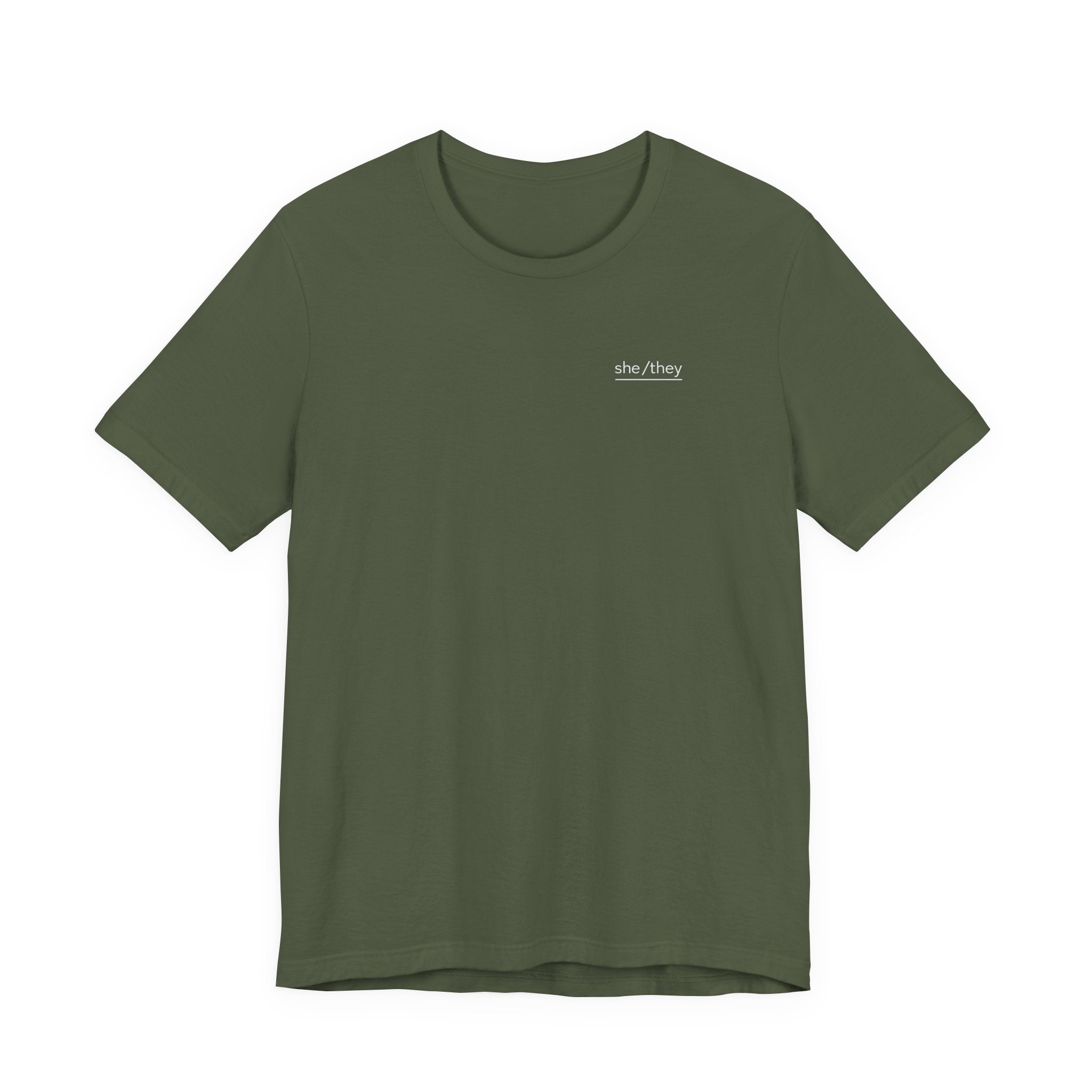 she/they Pronoun T-Shirt – Minimalist Underlined Chest Graphic Tee