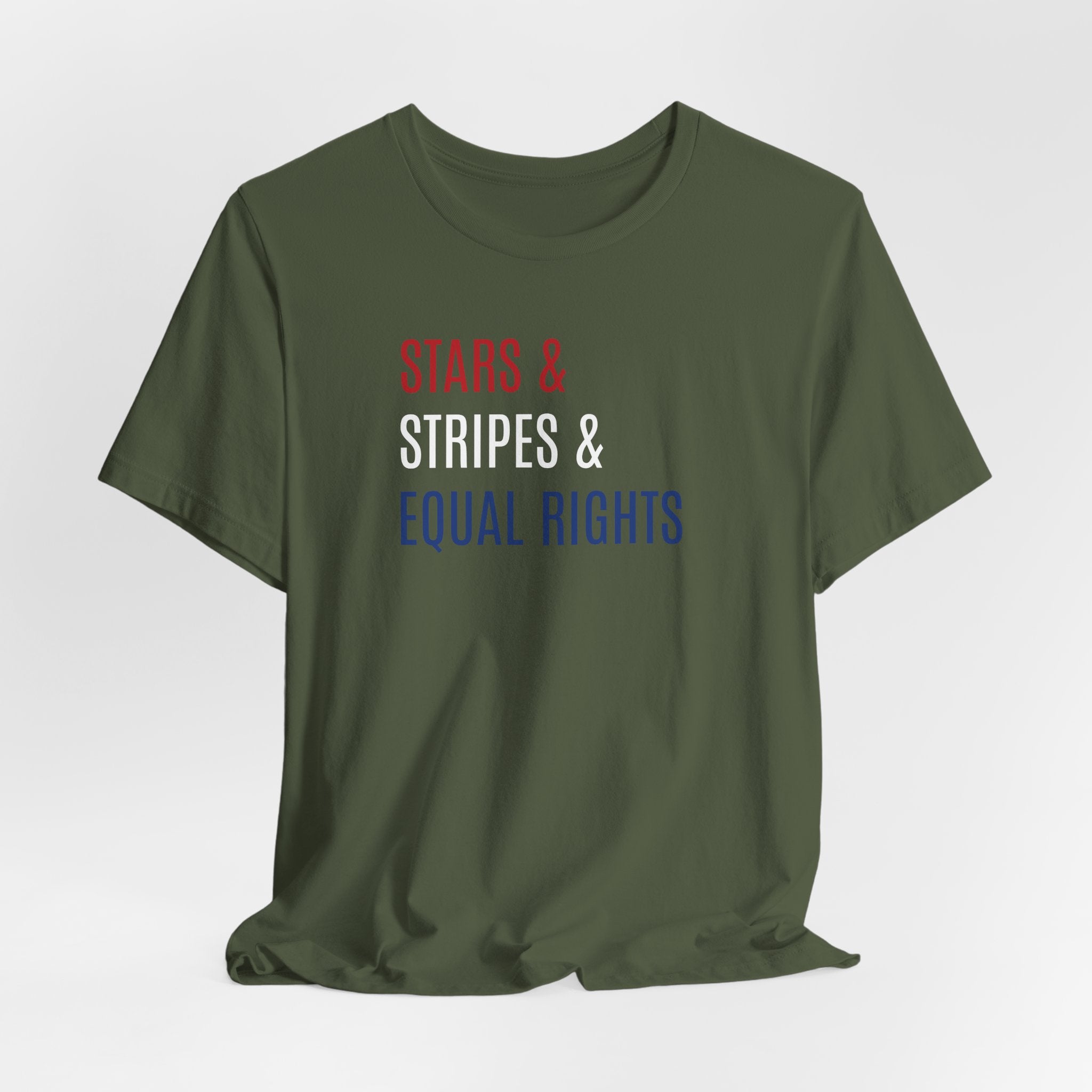 Stars, Stripes, Equal Rights T-Shirt - Red White Blue Patriotic Shirt - Progressive Politics - Women, Immigrants, BIPOC