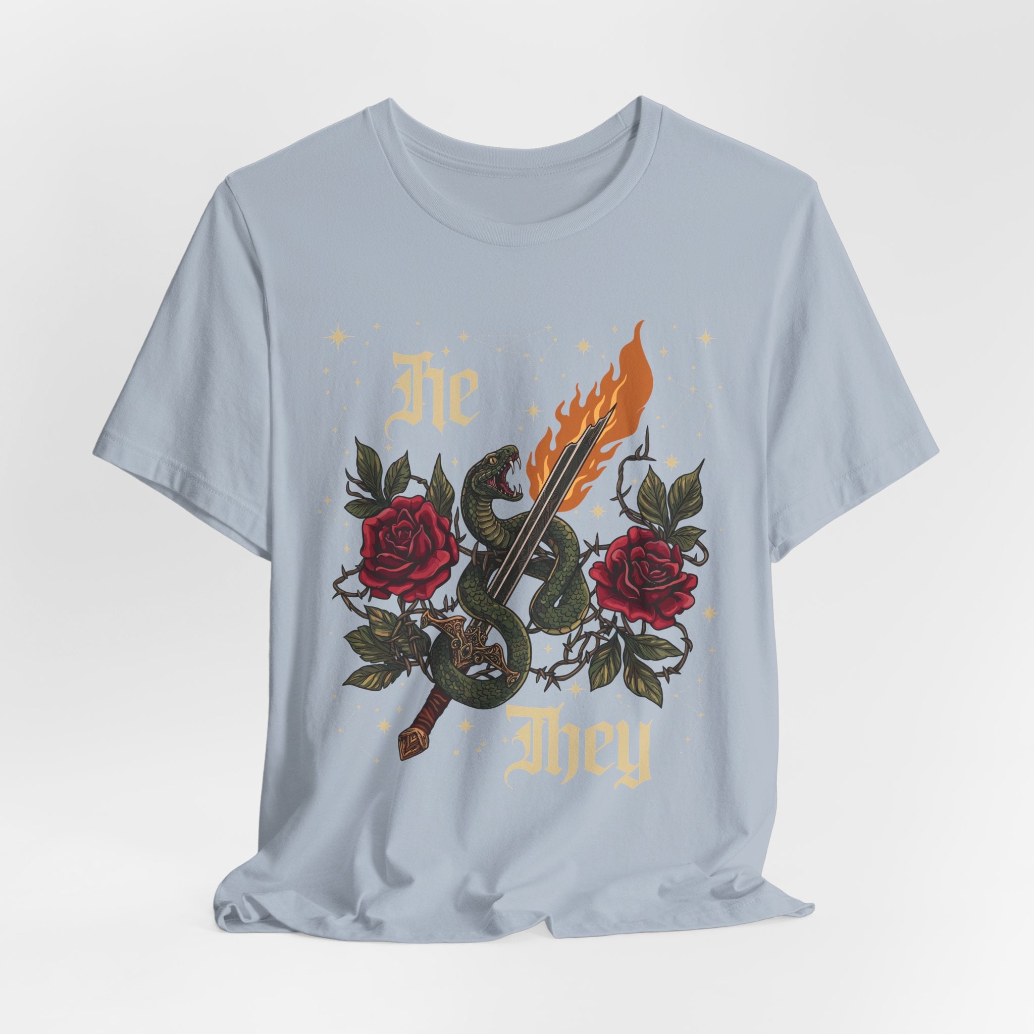 He/They Gothic Tattoo T-Shirt | Bella+Canvas 3001 Pronoun Graphic Tee