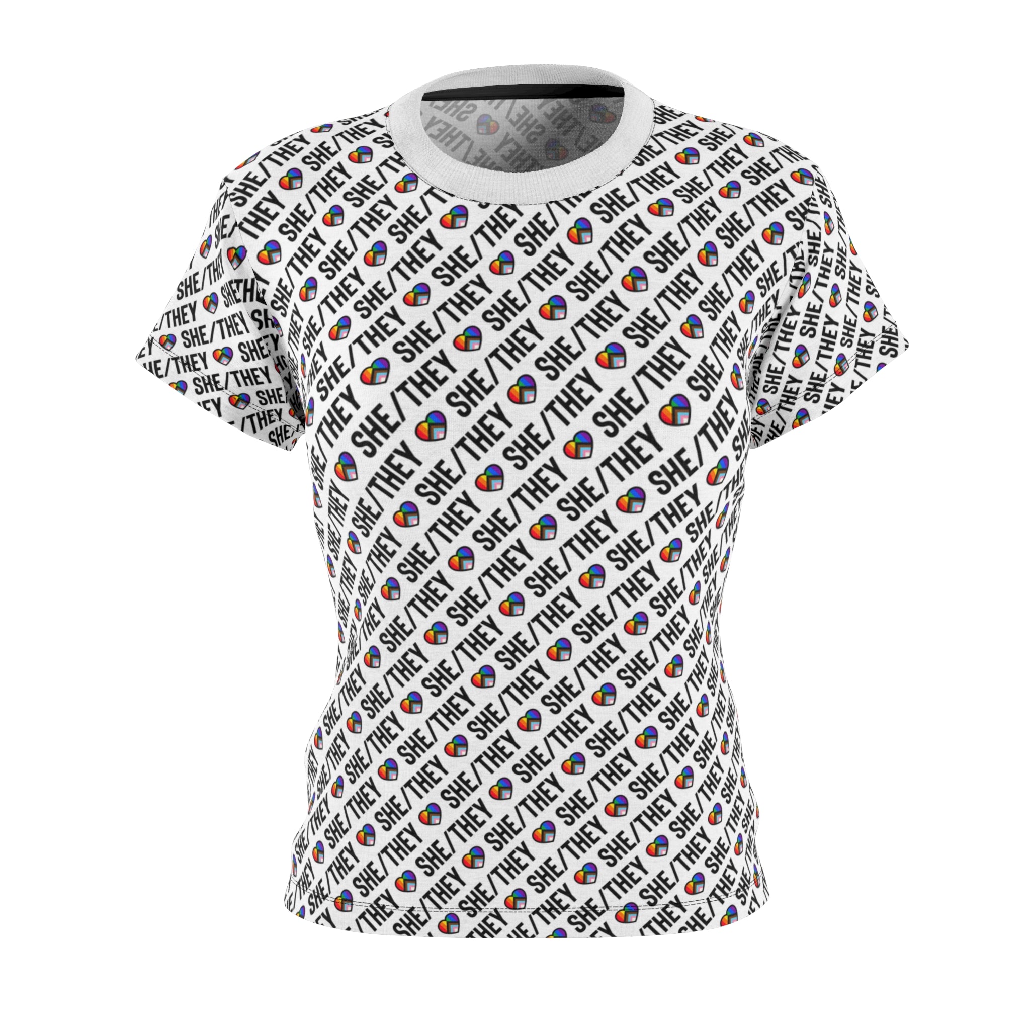 She/They Pride Pattern Women’s T-Shirt | All-Over Print Pronoun Tee