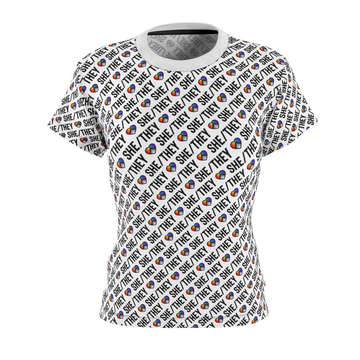 She/They Pride Pattern Women’s T-Shirt | All-Over Print Pronoun Tee