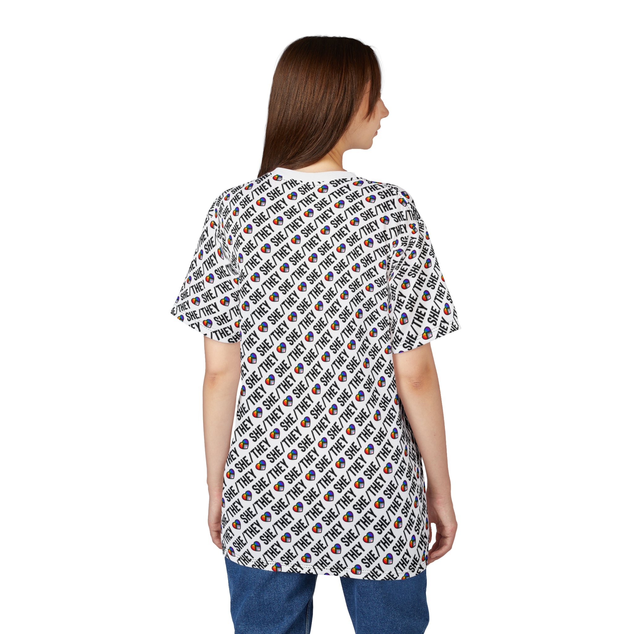 She/They Pride Pattern T-Shirt | All-Over Print Pronoun Tee