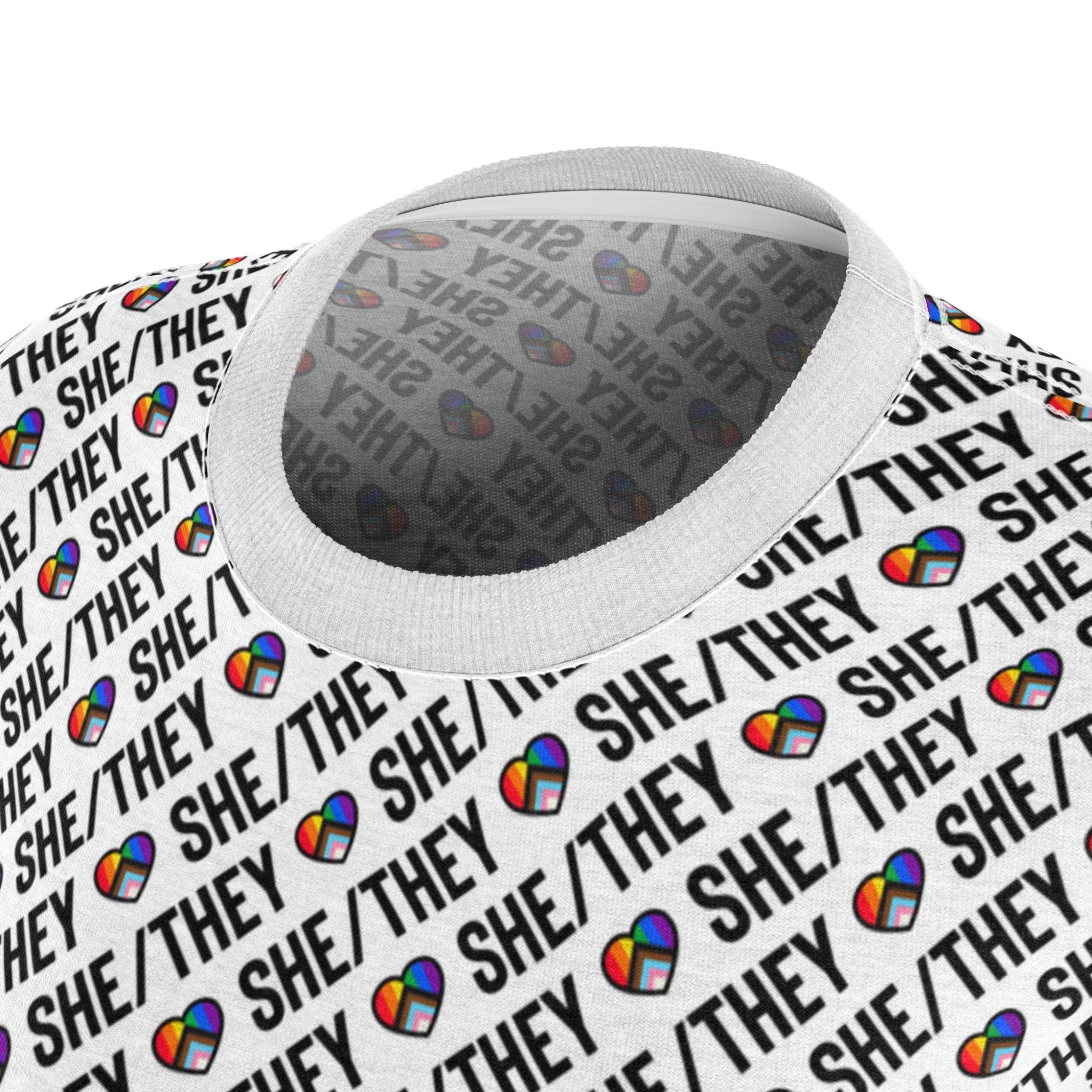She/They Pride Pattern Women’s T-Shirt | All-Over Print Pronoun Tee