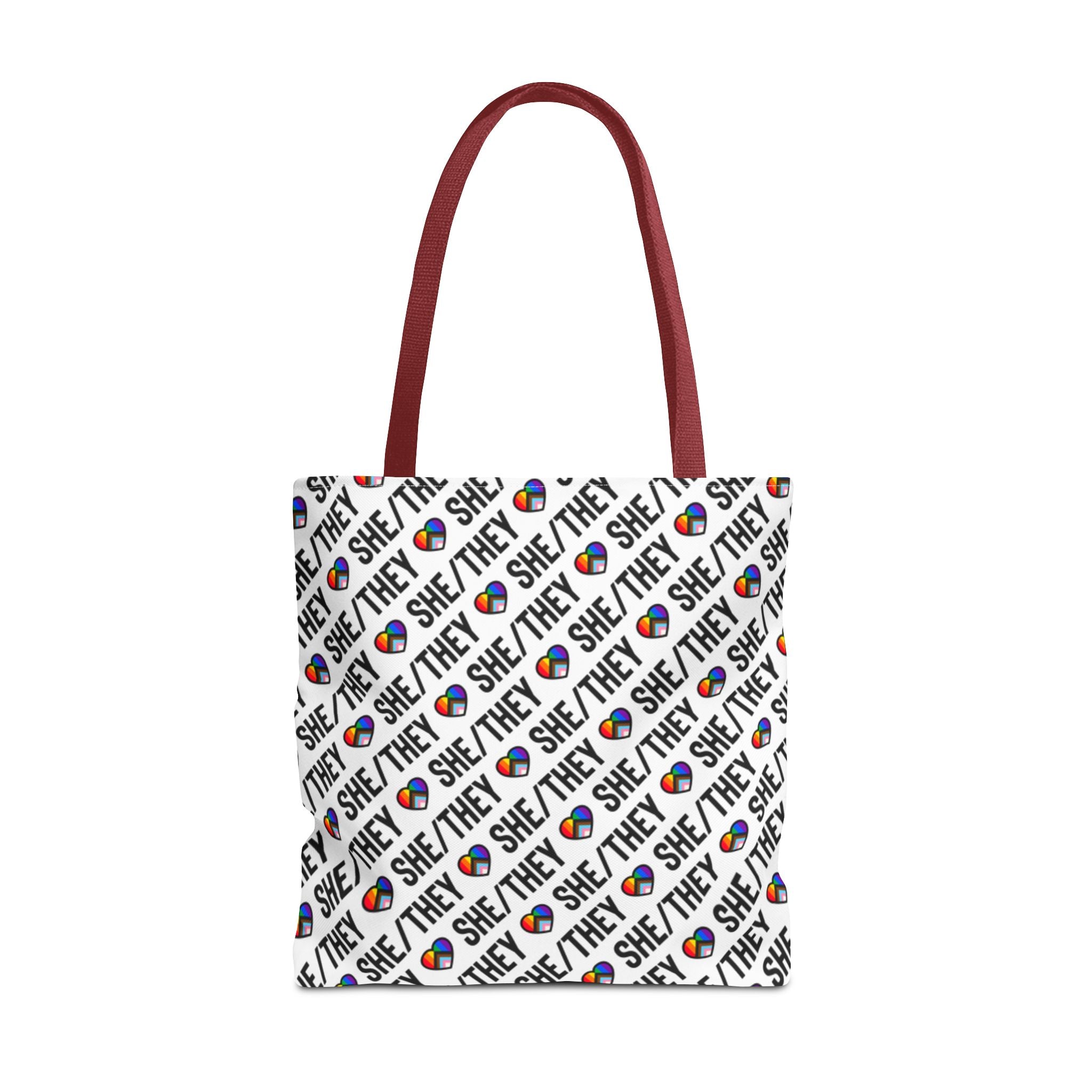 She/They Pride Pattern Tote Bag | All-Over Print Pronoun Carryall