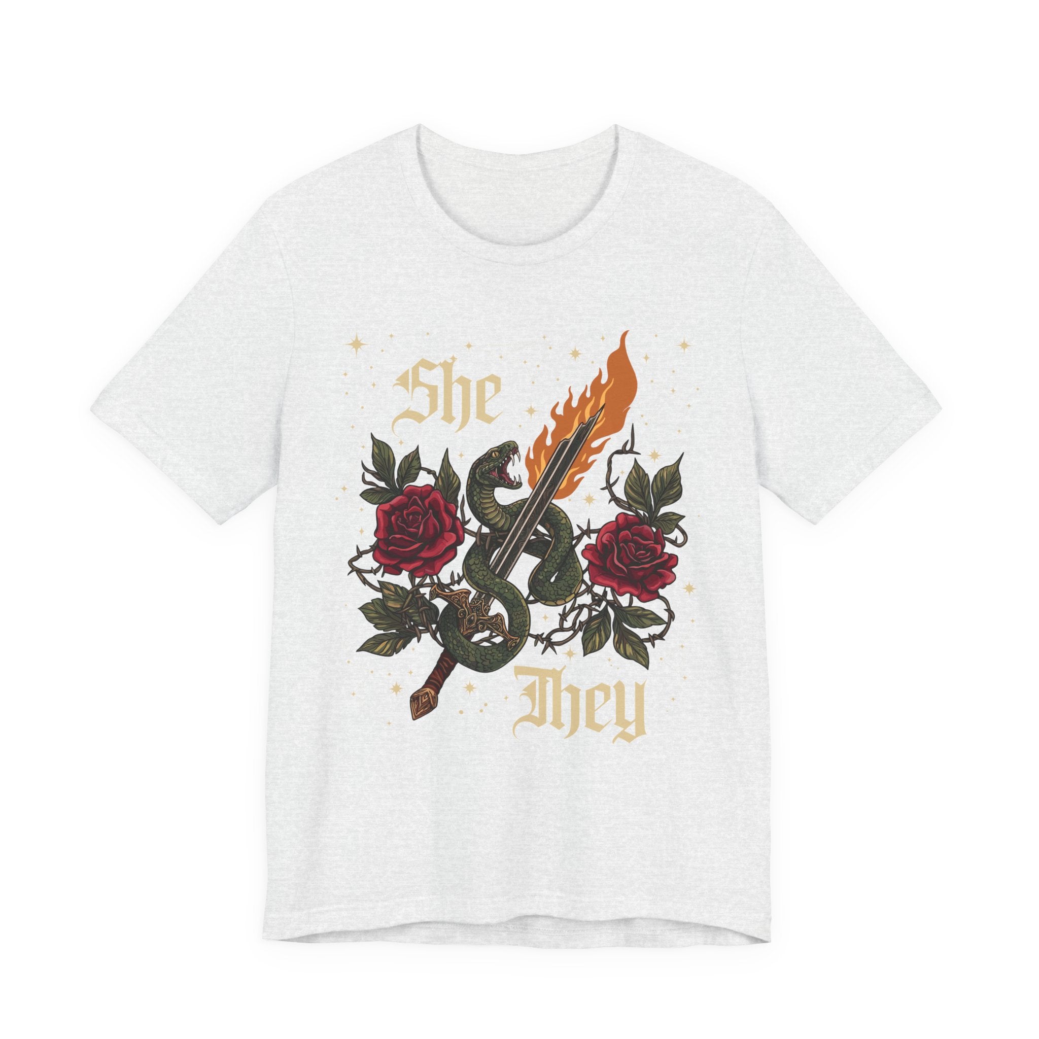 She/They Gothic Tattoo T-Shirt | Bella+Canvas 3001 Pronoun Graphic Tee