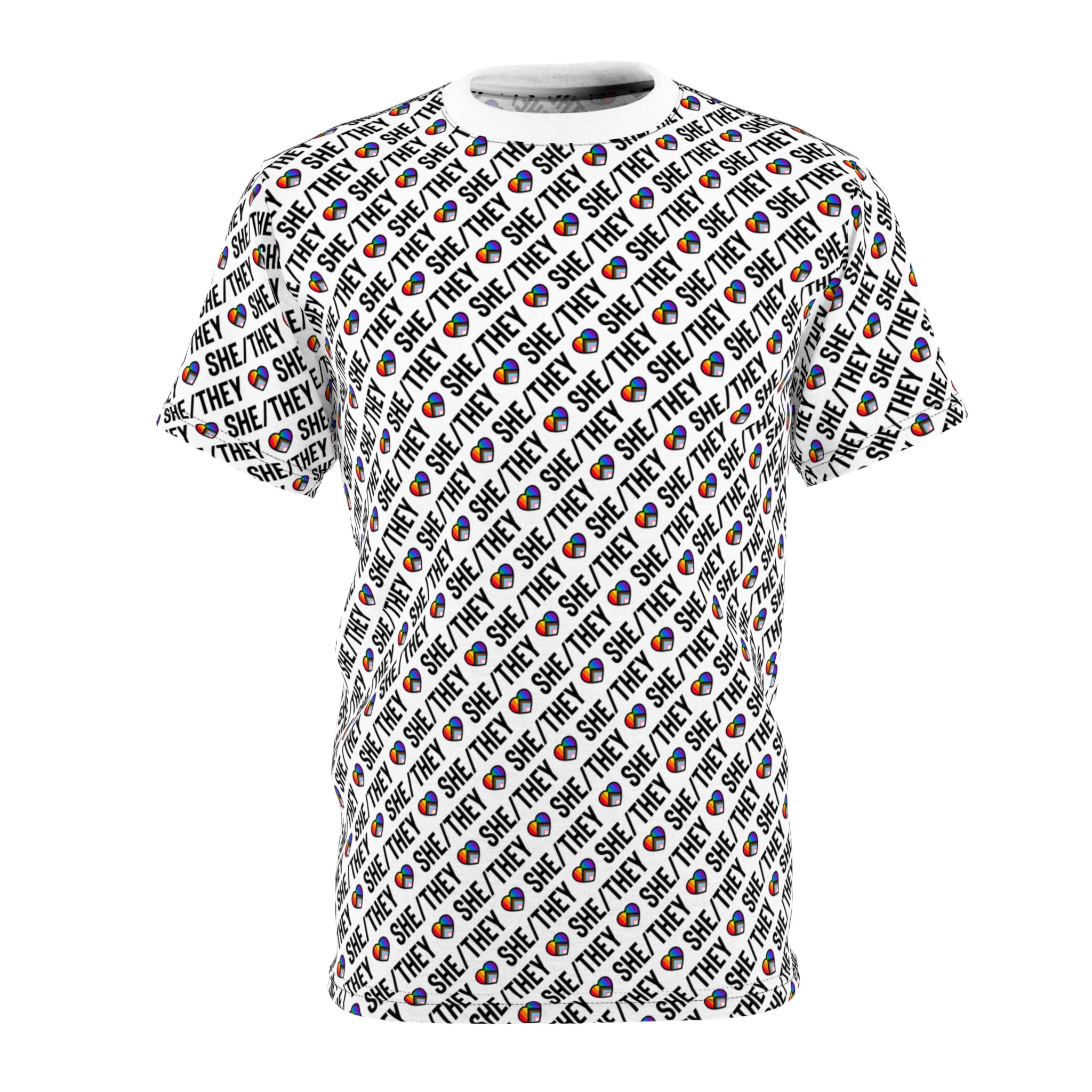She/They Pride Pattern T-Shirt | All-Over Print Pronoun Tee