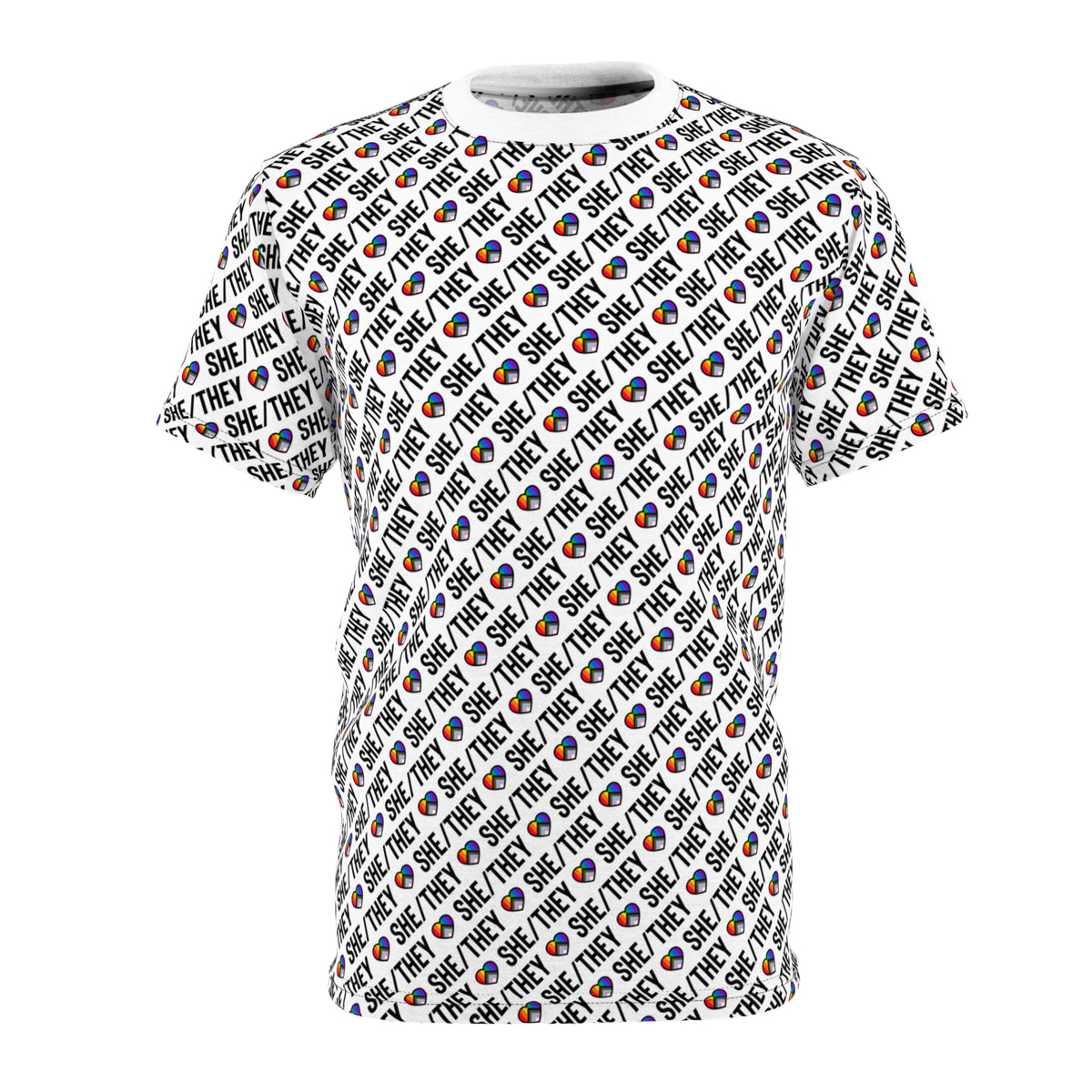 She/They Pride Pattern T-Shirt | All-Over Print Pronoun Tee