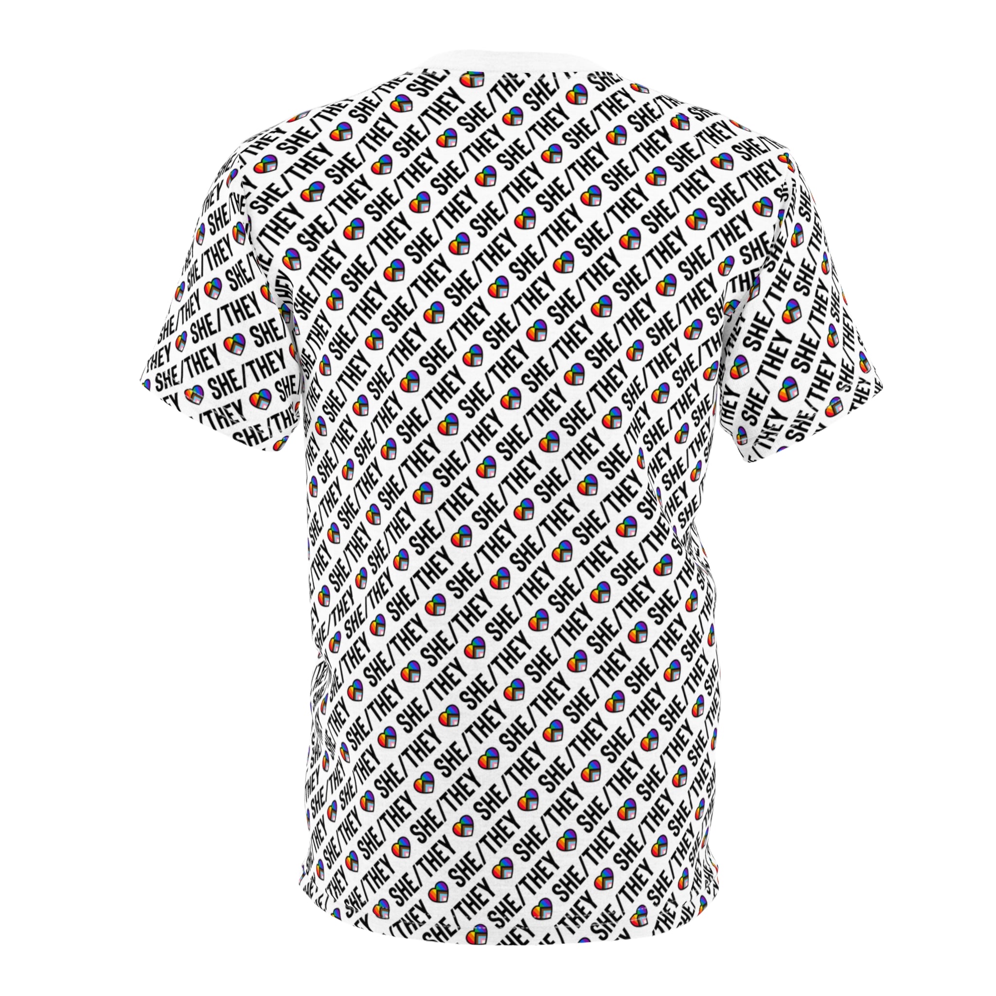 She/They Pride Pattern T-Shirt | All-Over Print Pronoun Tee