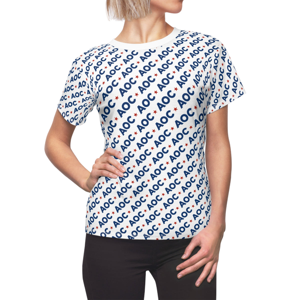 AOC Women’s All-Over Print T-Shirt – Political Graphic Tee for Progressive Everyday Style
