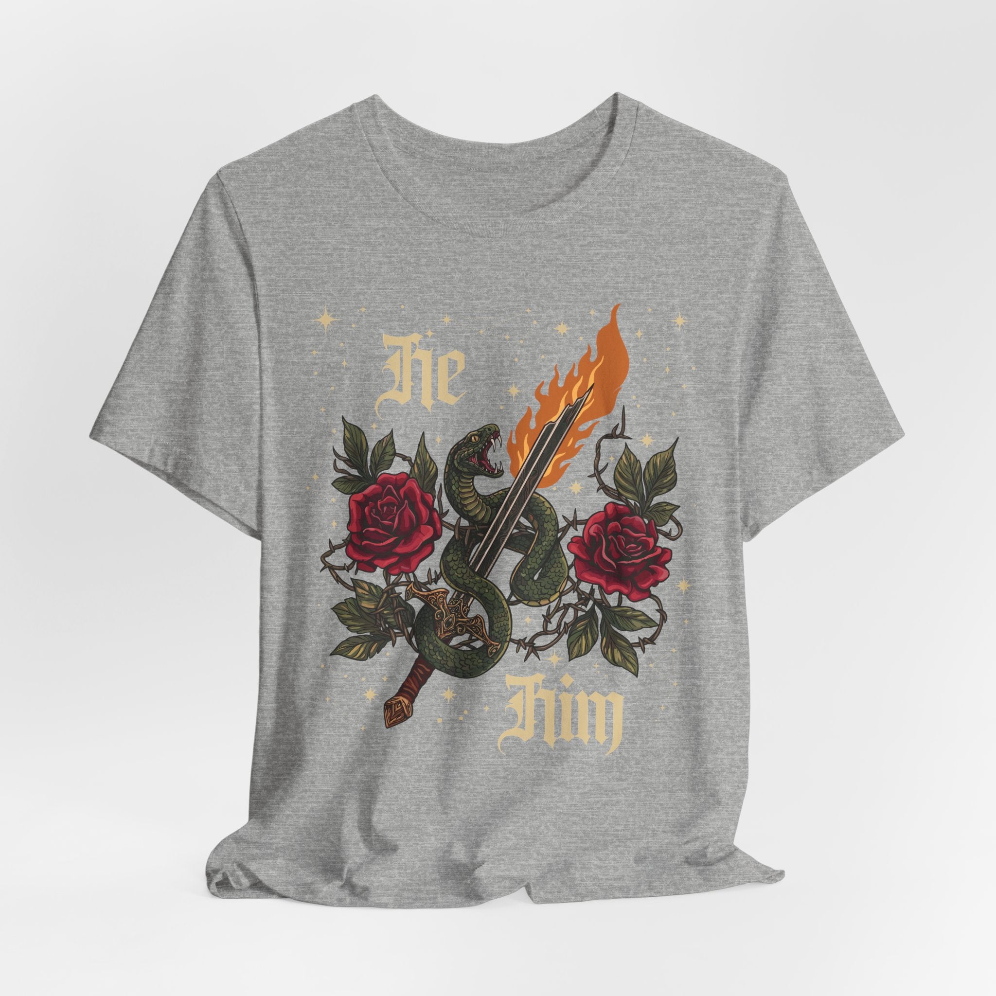 He/Him Gothic Tattoo T-Shirt | Bella+Canvas 3001 Pronoun Graphic Tee