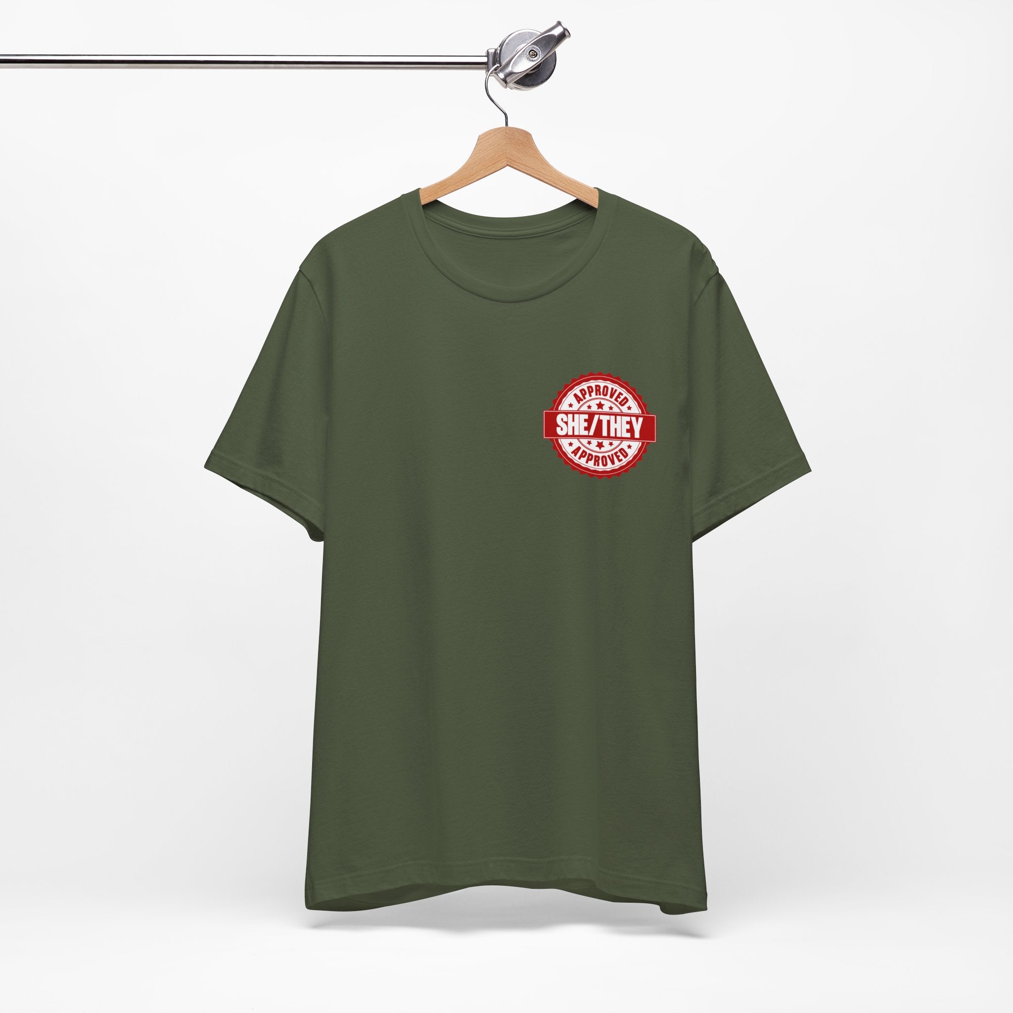 She/They Approved Stamp T-Shirt | Bella+Canvas 3001 Pronoun Graphic Tee