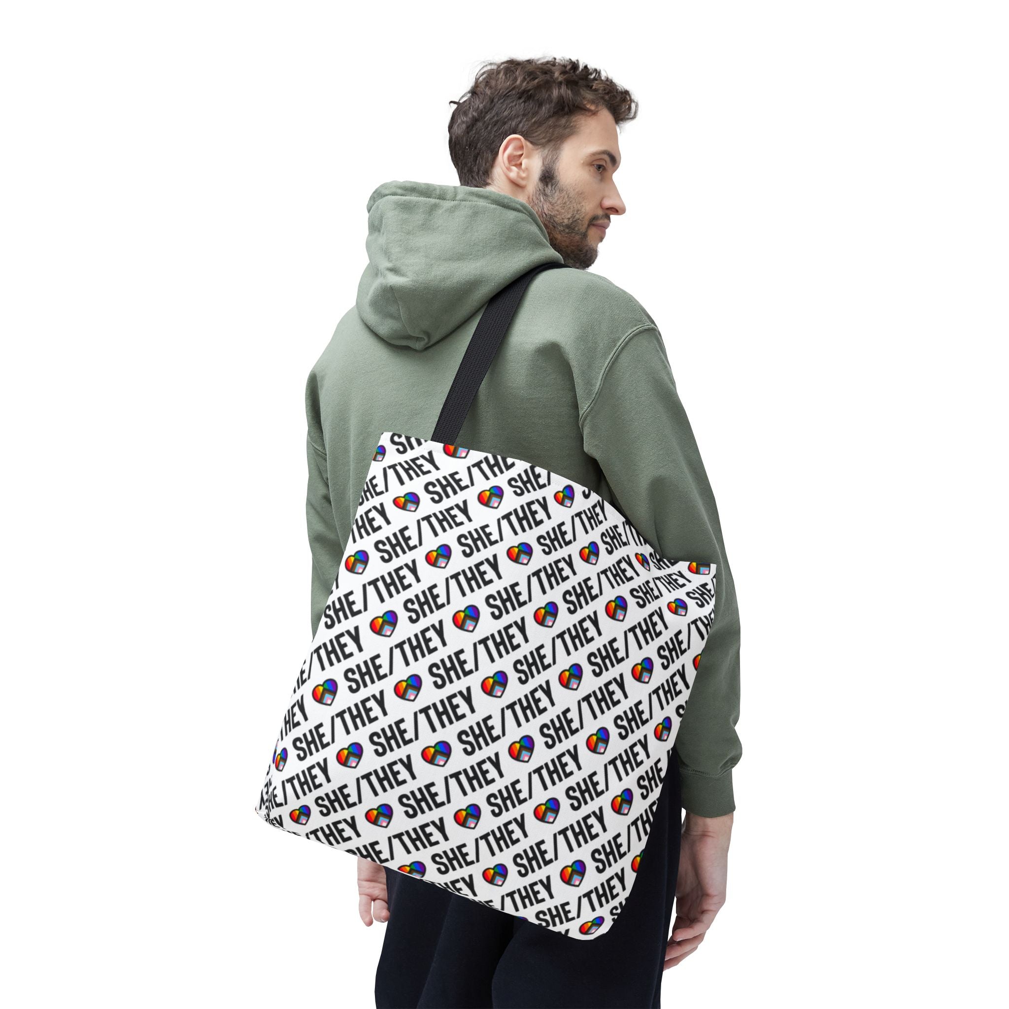 She/They Pride Pattern Tote Bag | All-Over Print Pronoun Carryall