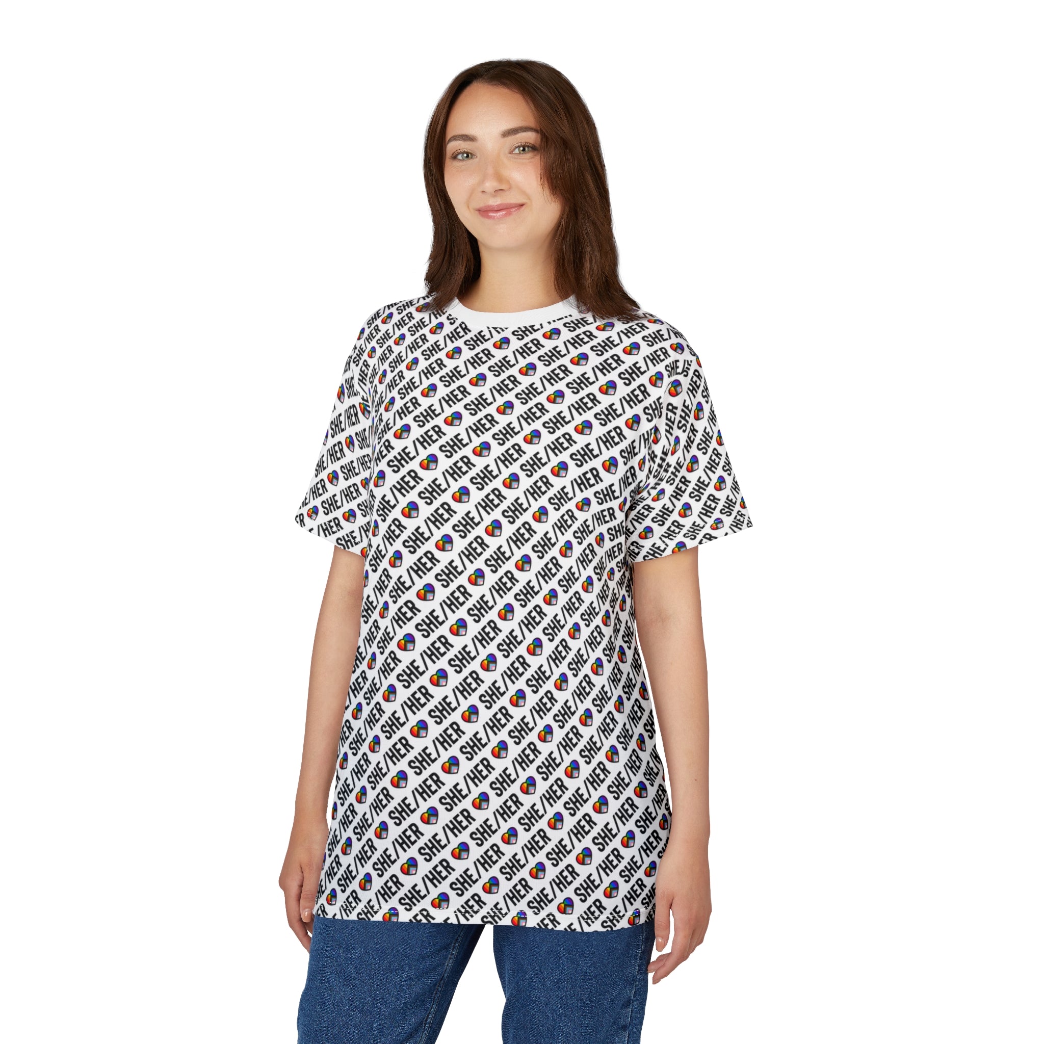 She/Her Pride Pattern T-Shirt | All-Over Print Pronoun Tee