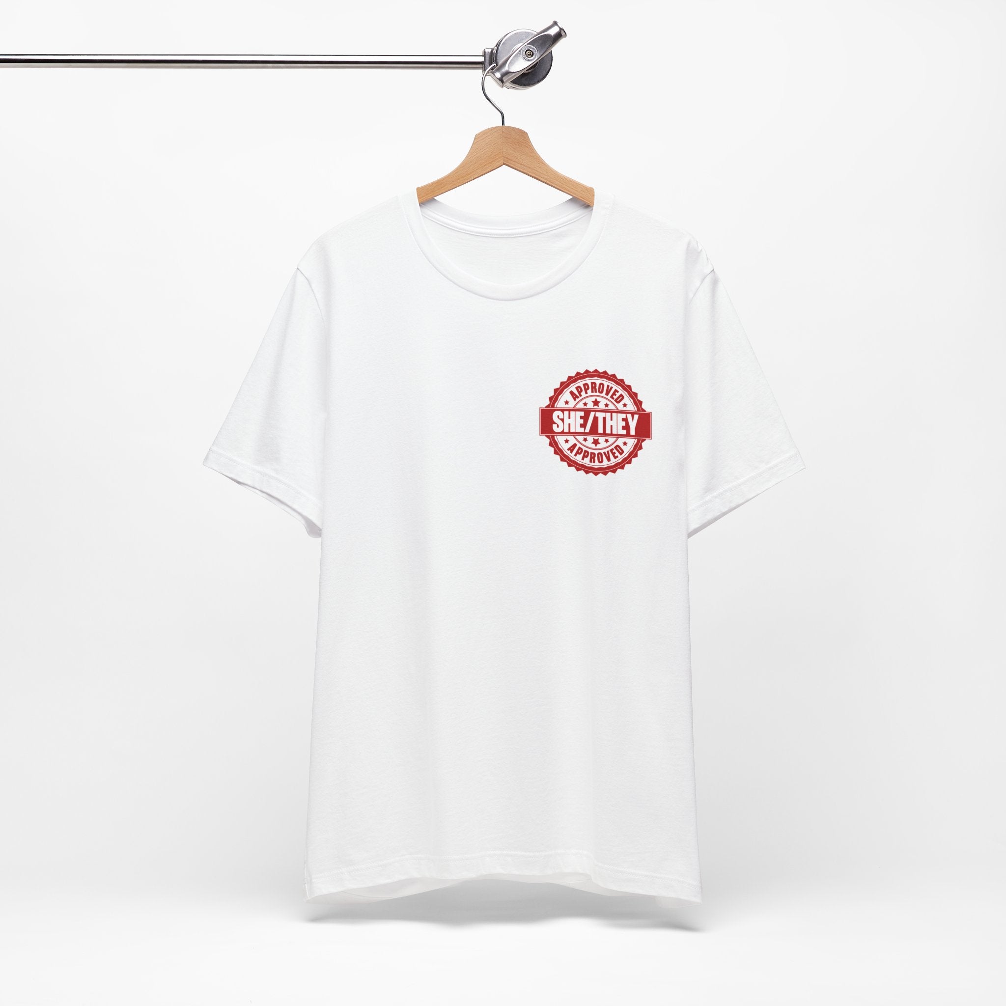 She/They Approved Stamp T-Shirt | Bella+Canvas 3001 Pronoun Graphic Tee