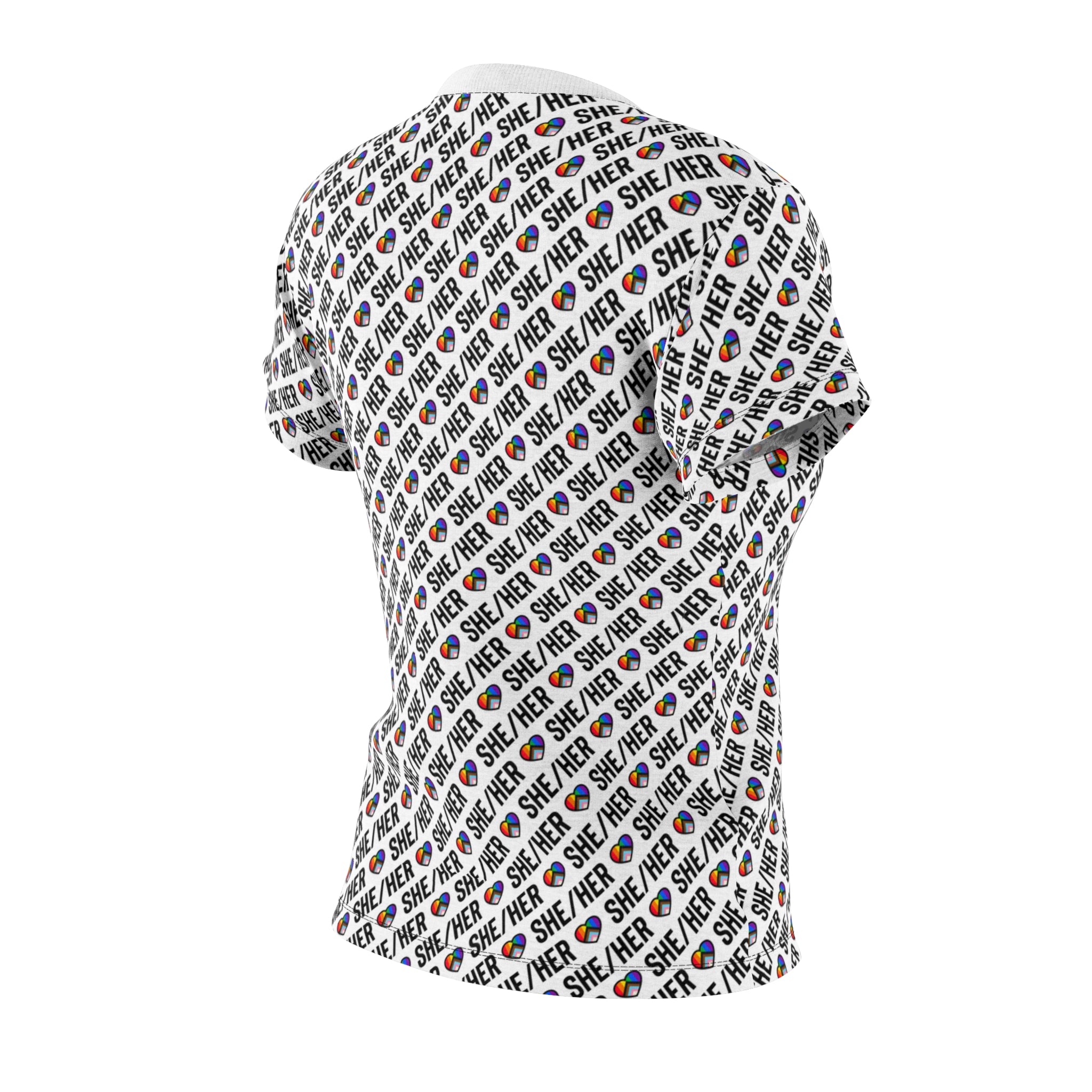 She/Her Pride Pattern Women’s T-Shirt | All-Over Print Pronoun Tee