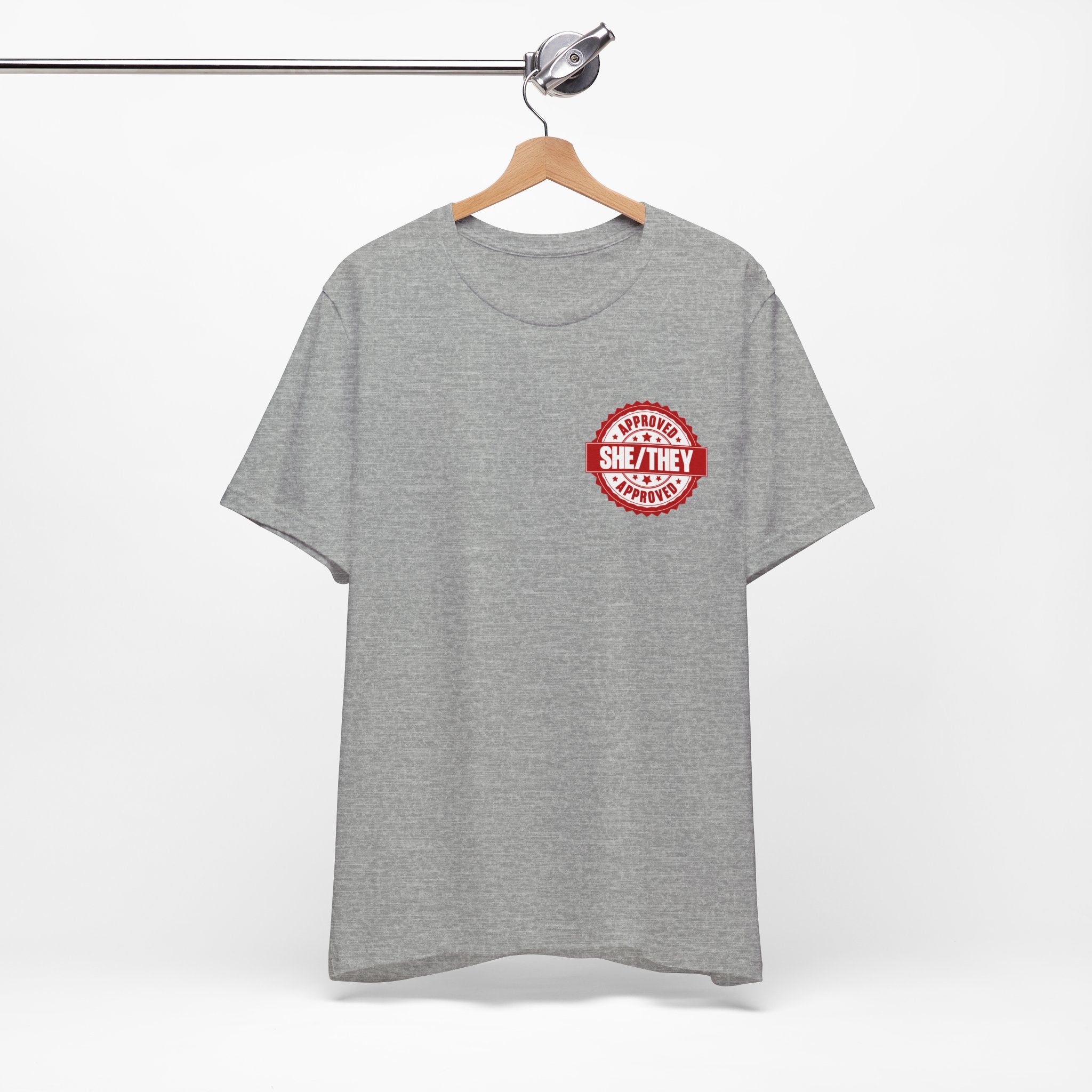She/They Approved Stamp T-Shirt | Bella+Canvas 3001 Pronoun Graphic Tee