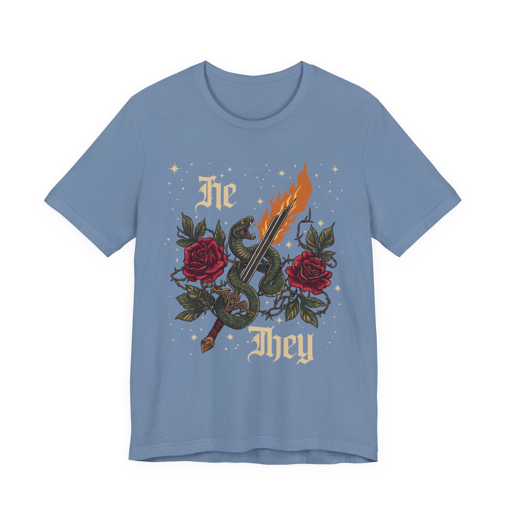 He/They Gothic Tattoo T-Shirt | Bella+Canvas 3001 Pronoun Graphic Tee
