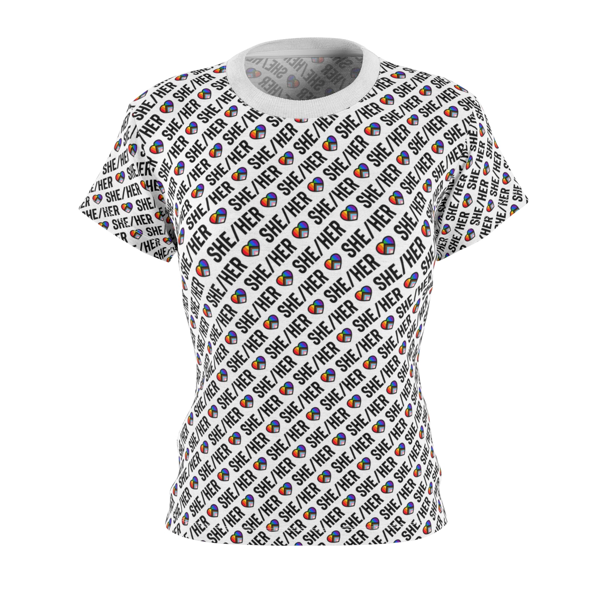 She/Her Pride Pattern Women’s T-Shirt | All-Over Print Pronoun Tee