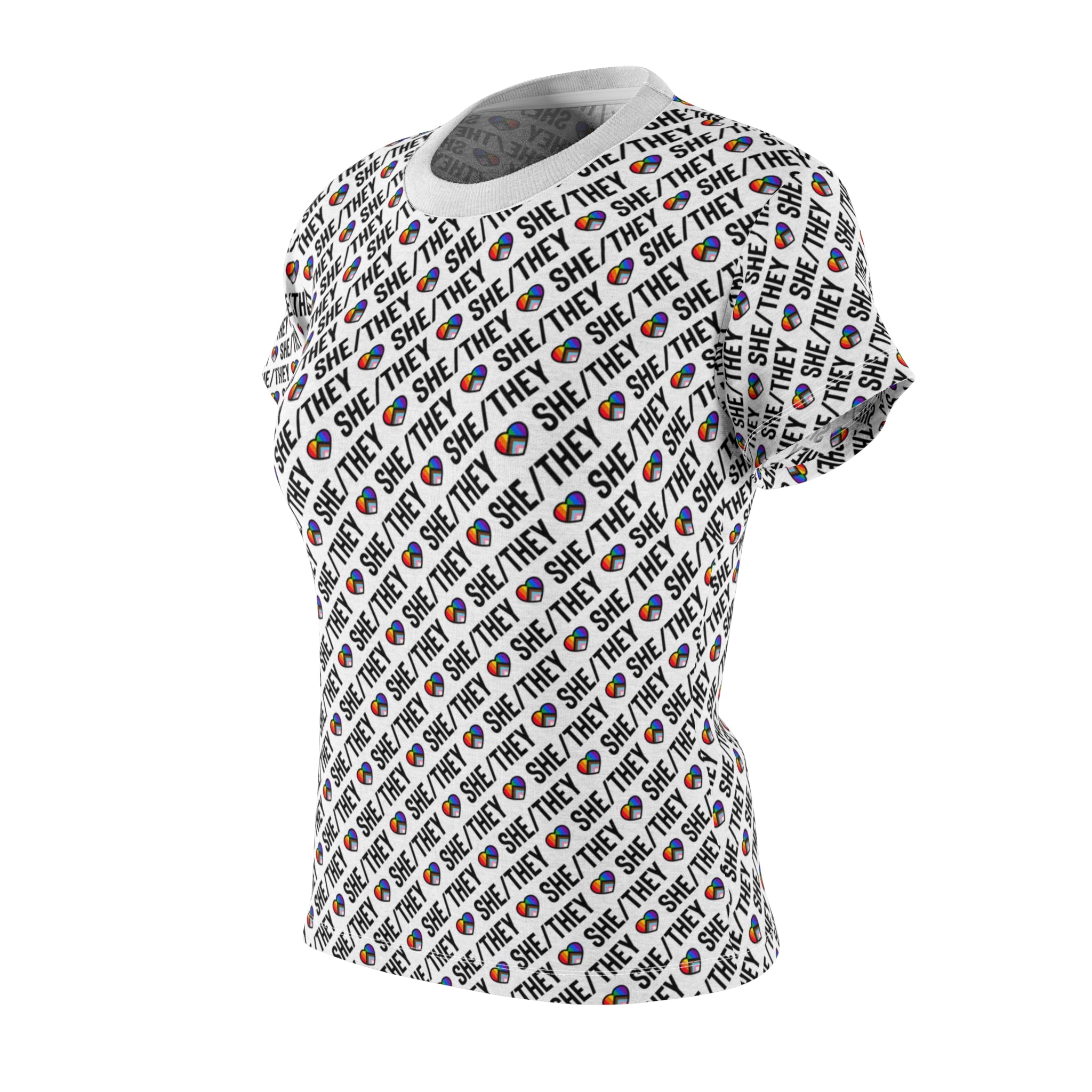 She/They Pride Pattern Women’s T-Shirt | All-Over Print Pronoun Tee