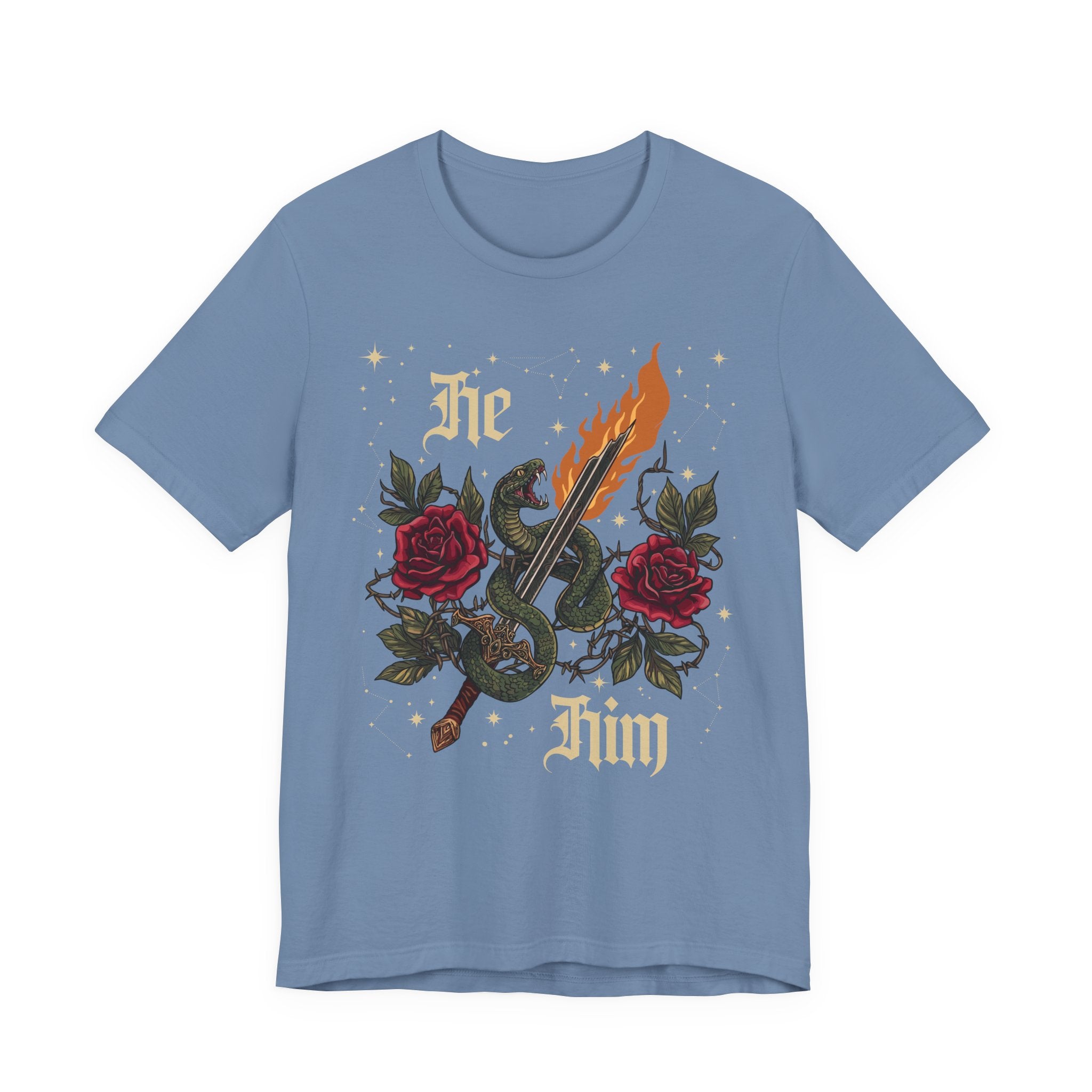He/Him Gothic Tattoo T-Shirt | Bella+Canvas 3001 Pronoun Graphic Tee