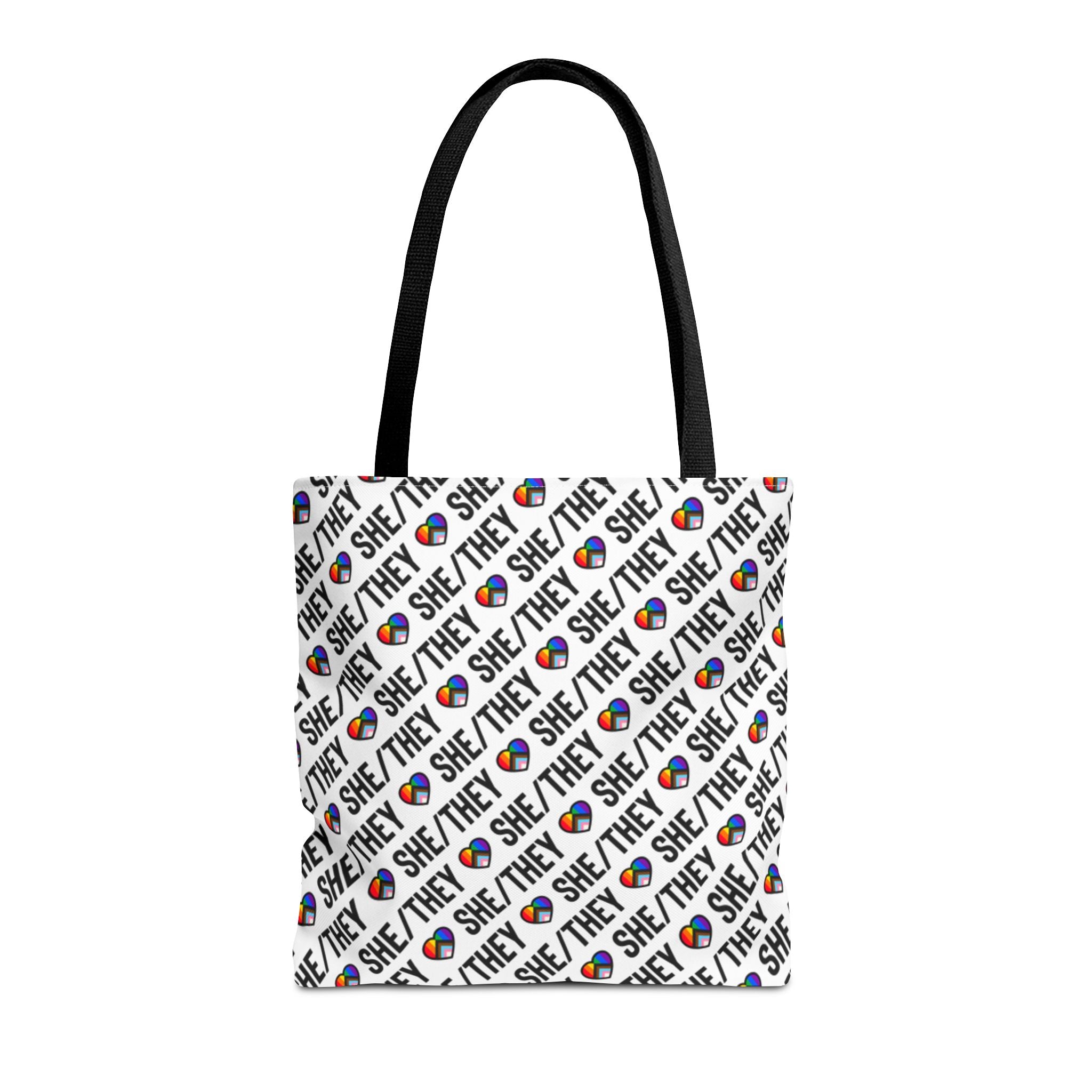 She/They Pride Pattern Tote Bag | All-Over Print Pronoun Carryall