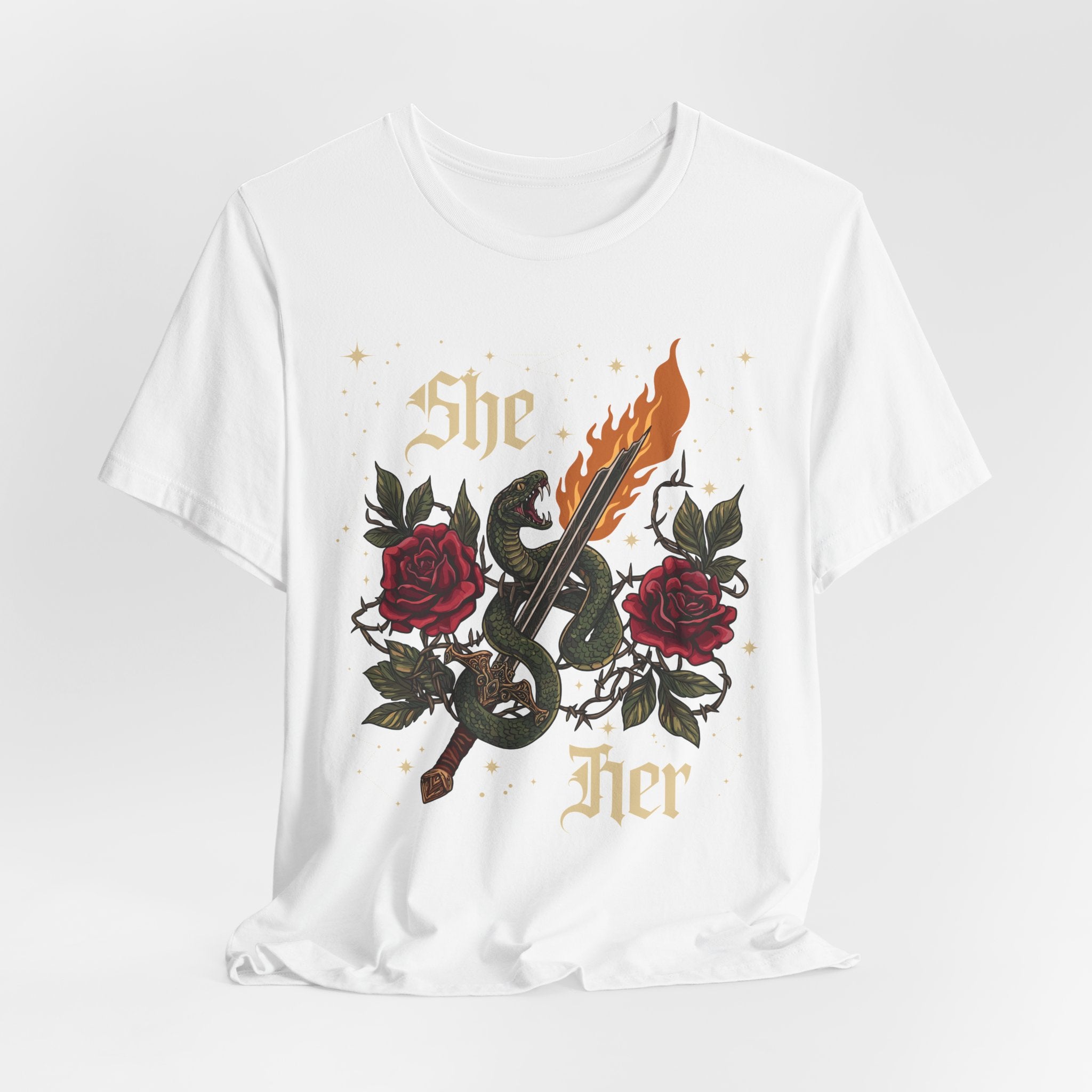 She/Her Gothic Tattoo T-Shirt | Bella+Canvas 3001 Pronoun Graphic Tee
