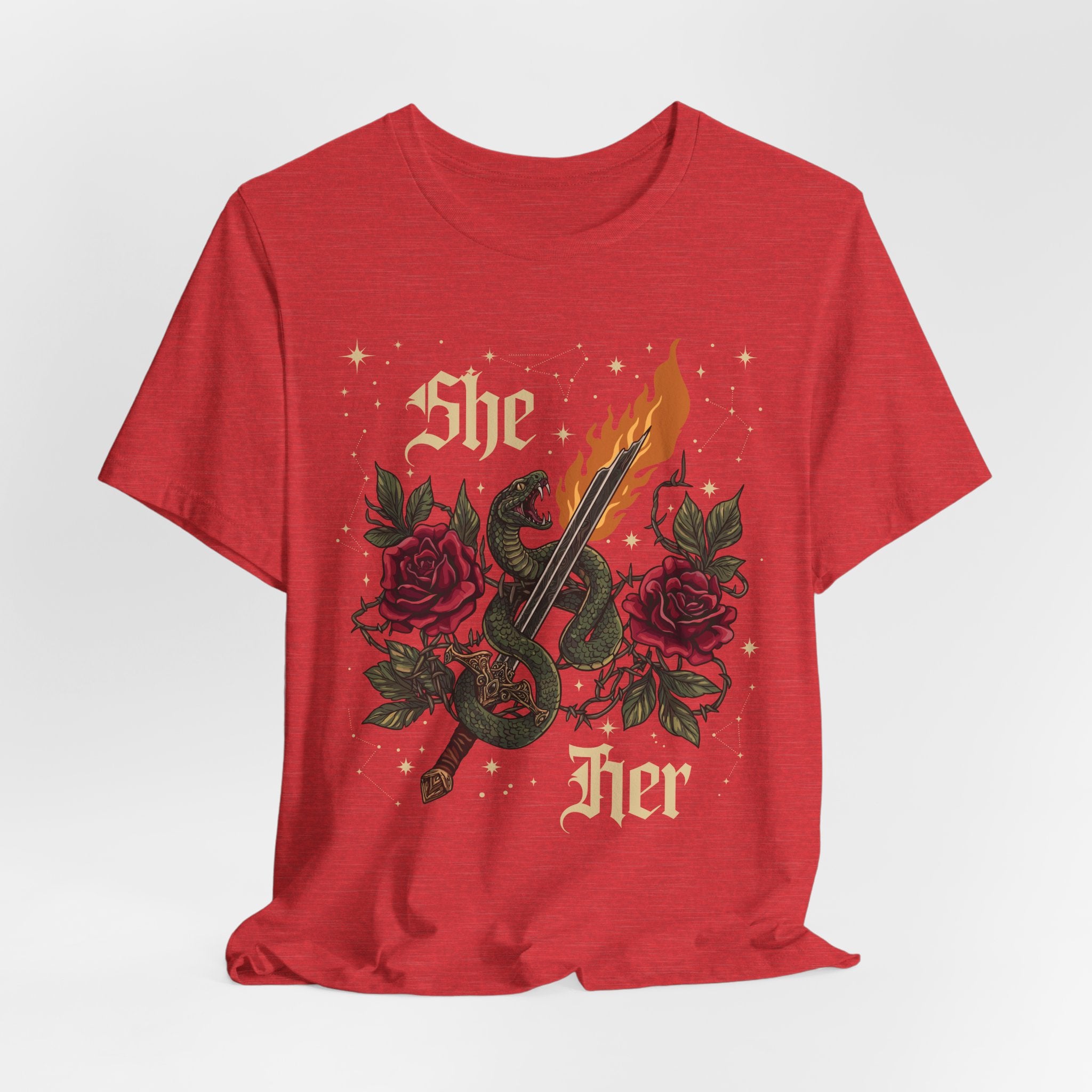 She/Her Gothic Tattoo T-Shirt | Bella+Canvas 3001 Pronoun Graphic Tee