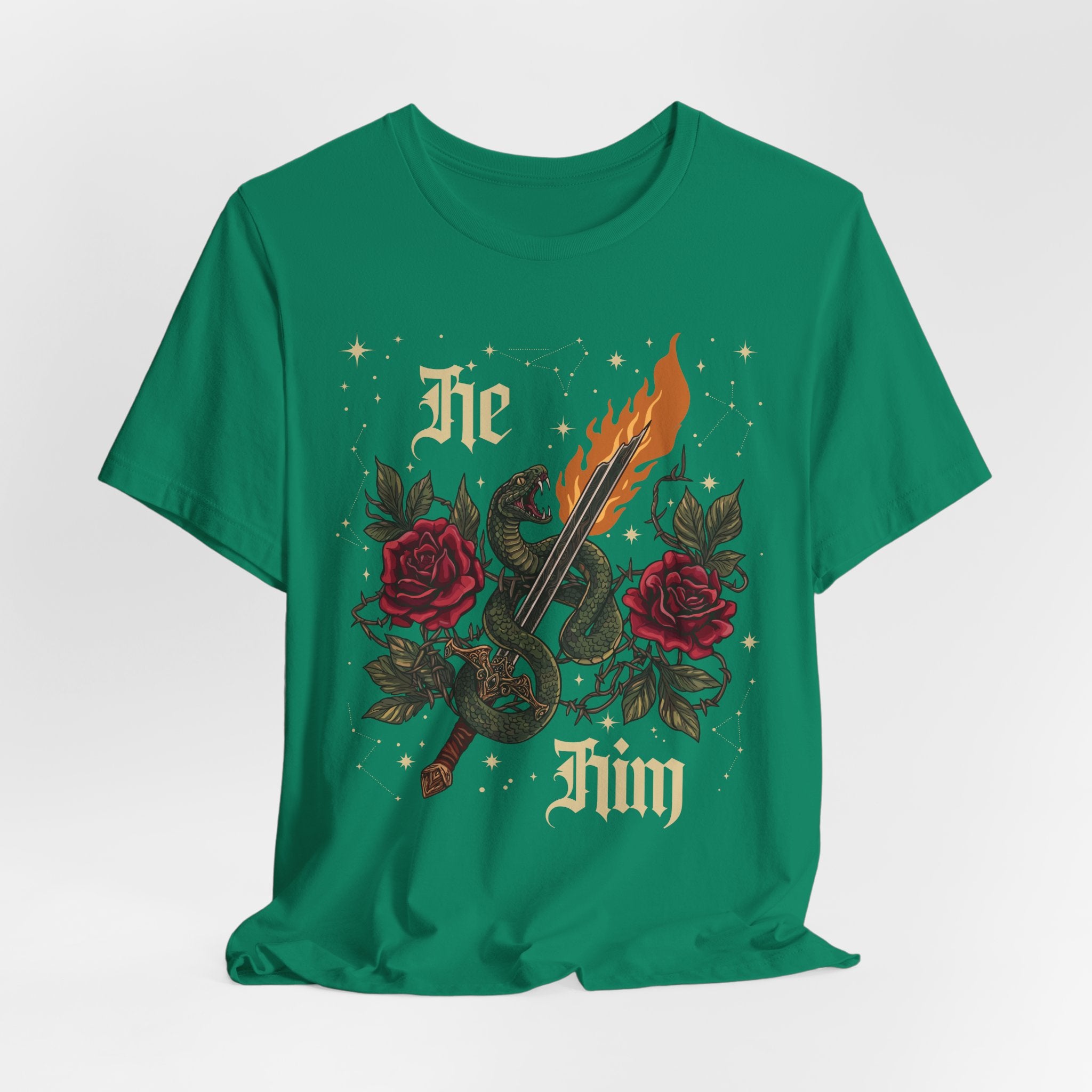 He/Him Gothic Tattoo T-Shirt | Bella+Canvas 3001 Pronoun Graphic Tee