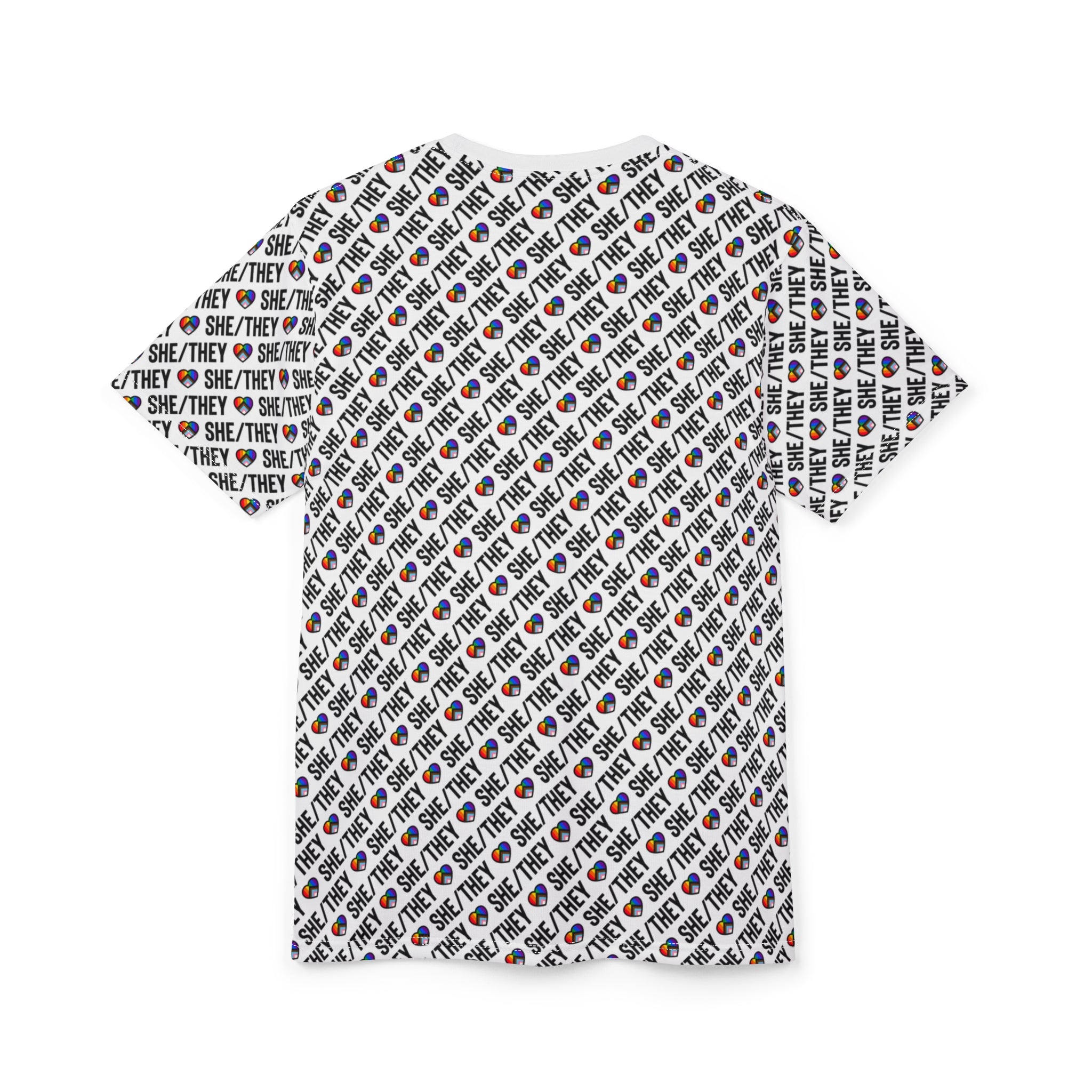She/They Pride Pattern T-Shirt | All-Over Print Pronoun Tee