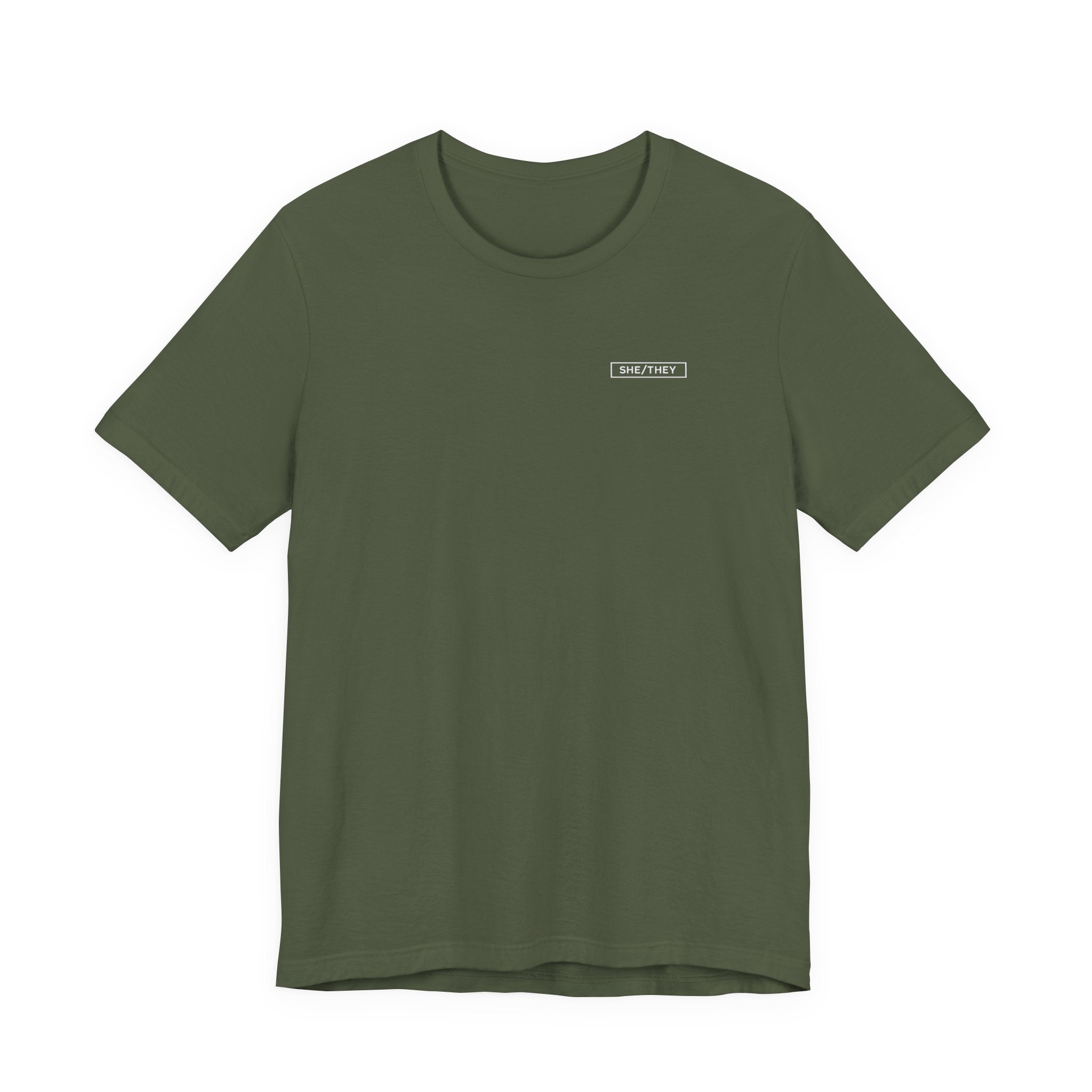 She/They Pronoun T-Shirt – Minimalist Chest Graphic Tee