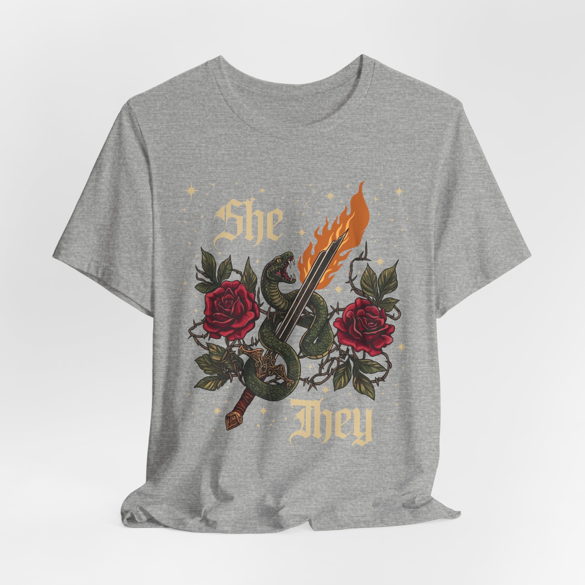 She/They Gothic Tattoo T-Shirt | Bella+Canvas 3001 Pronoun Graphic Tee