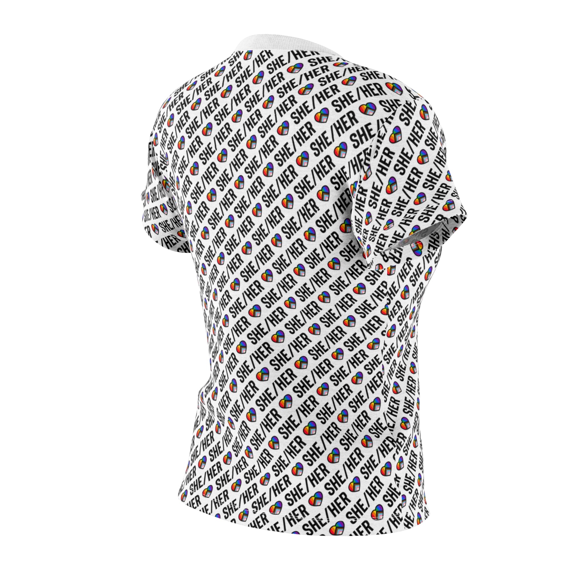 She/Her Pride Pattern Women’s T-Shirt | All-Over Print Pronoun Tee