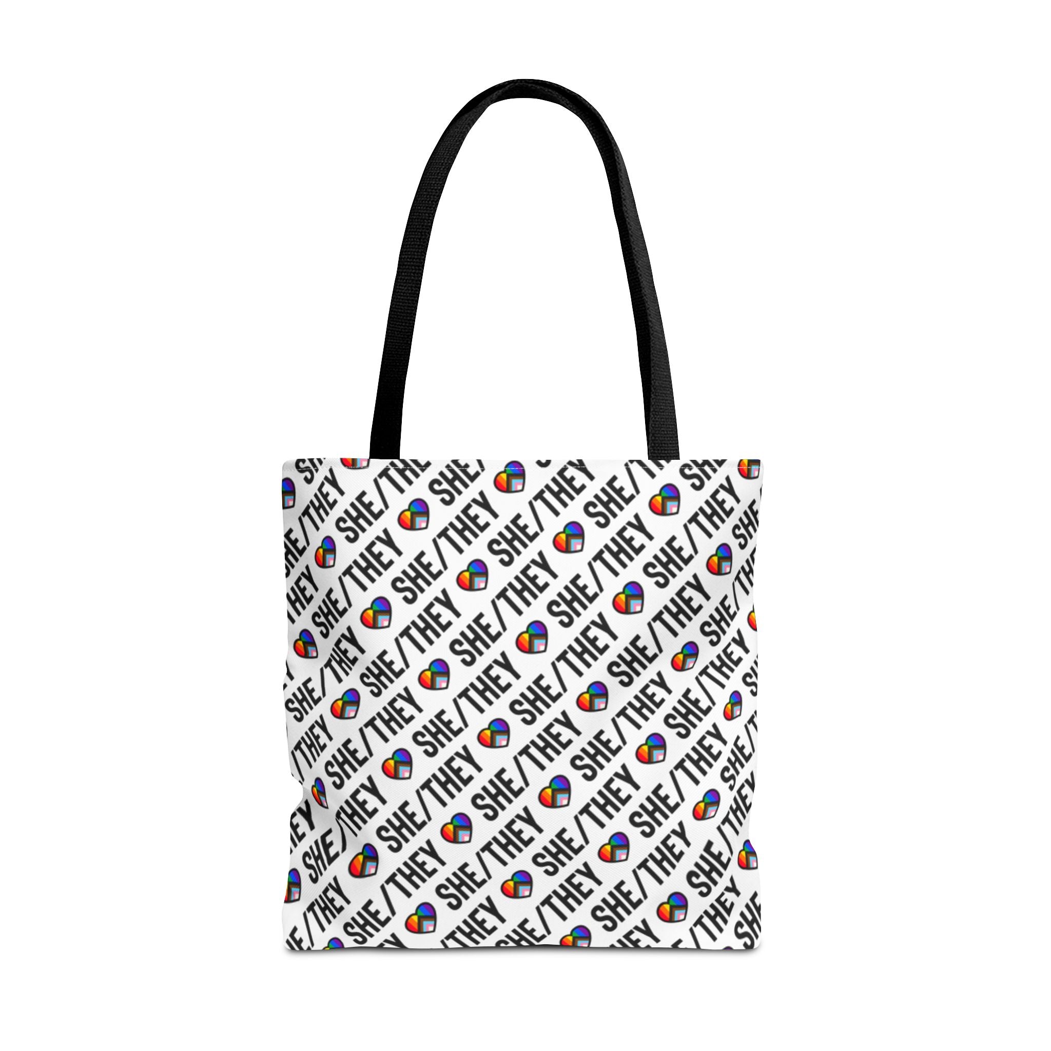 She/They Pride Pattern Tote Bag | All-Over Print Pronoun Carryall