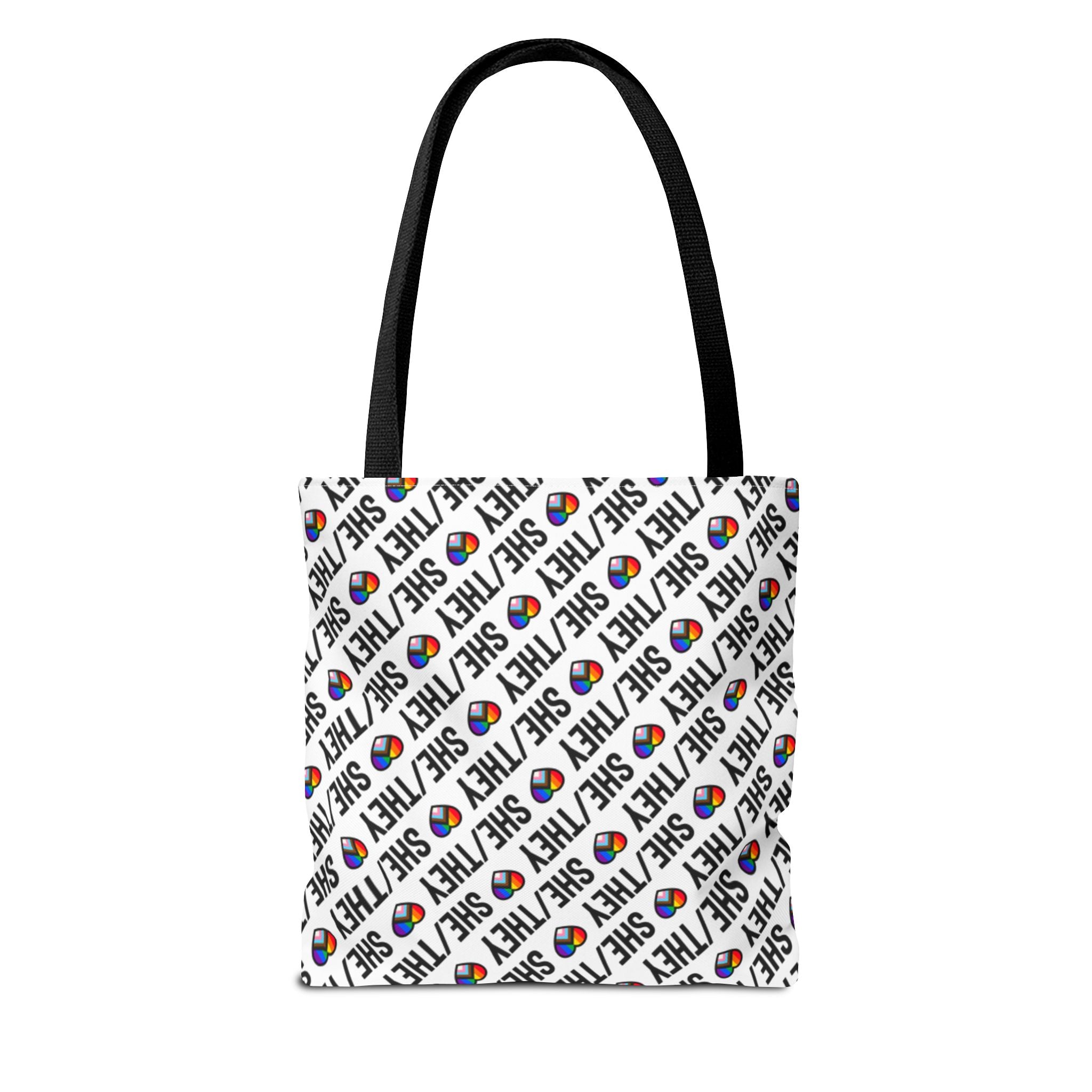 She/They Pride Pattern Tote Bag | All-Over Print Pronoun Carryall