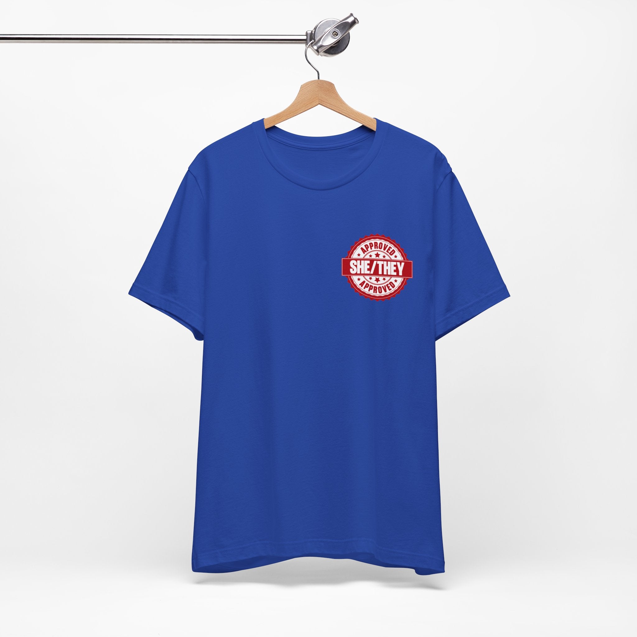She/They Approved Stamp T-Shirt | Bella+Canvas 3001 Pronoun Graphic Tee