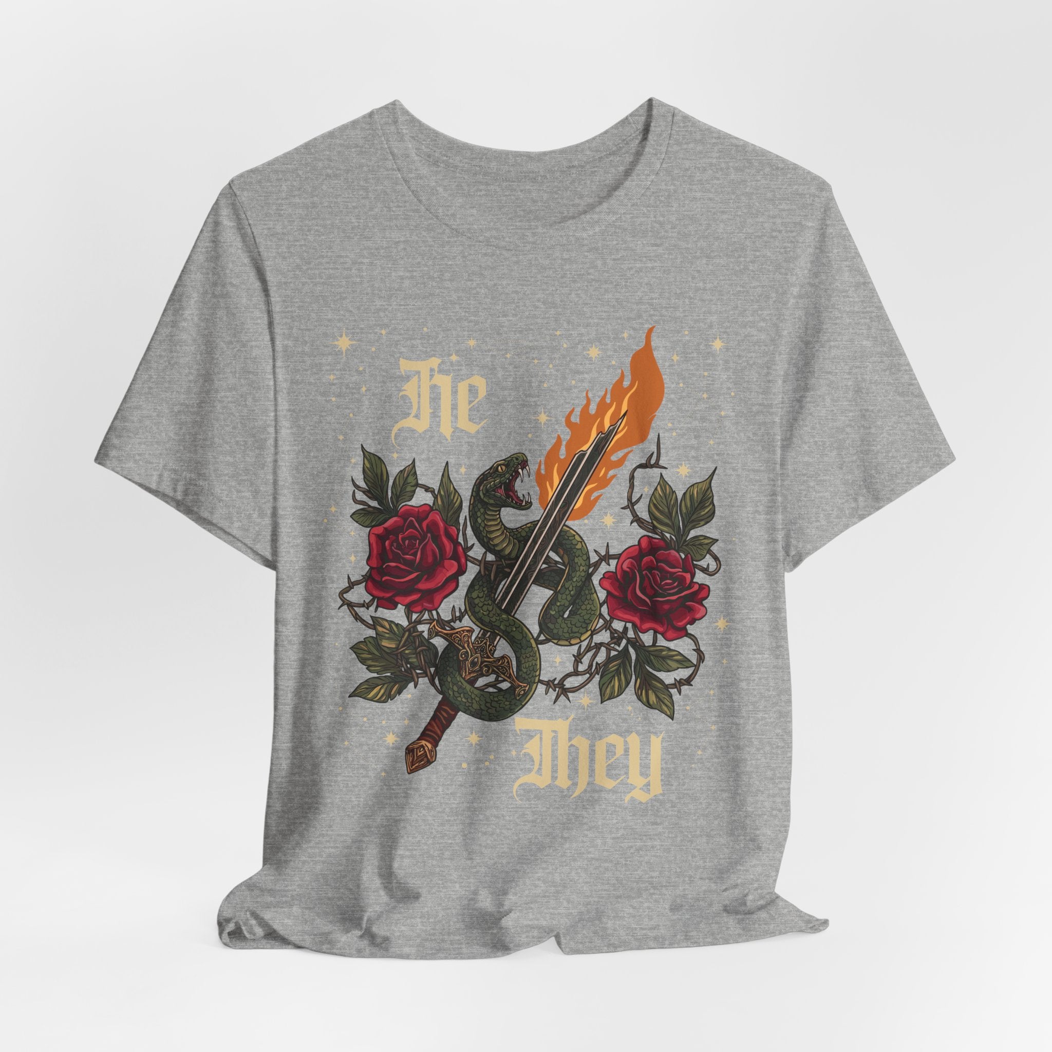 He/They Gothic Tattoo T-Shirt | Bella+Canvas 3001 Pronoun Graphic Tee