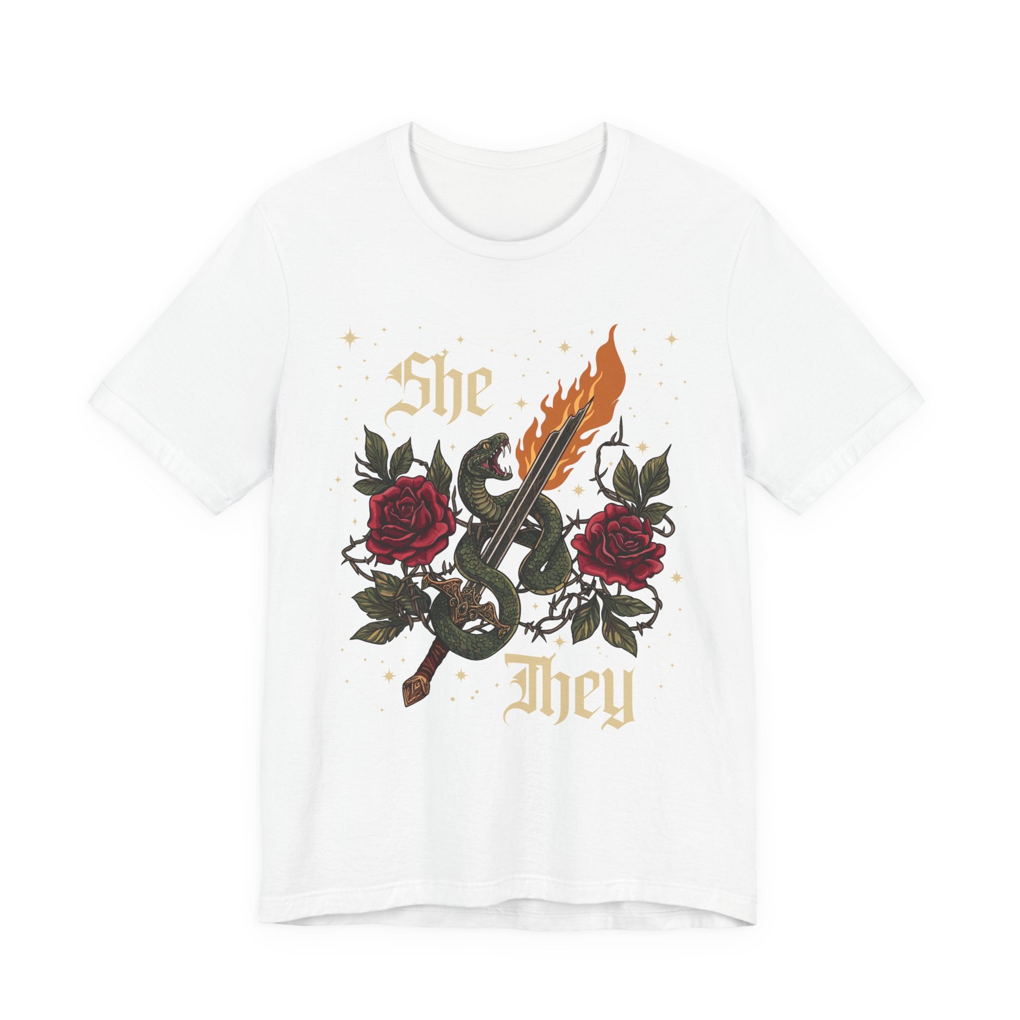 She/They Gothic Tattoo T-Shirt | Bella+Canvas 3001 Pronoun Graphic Tee
