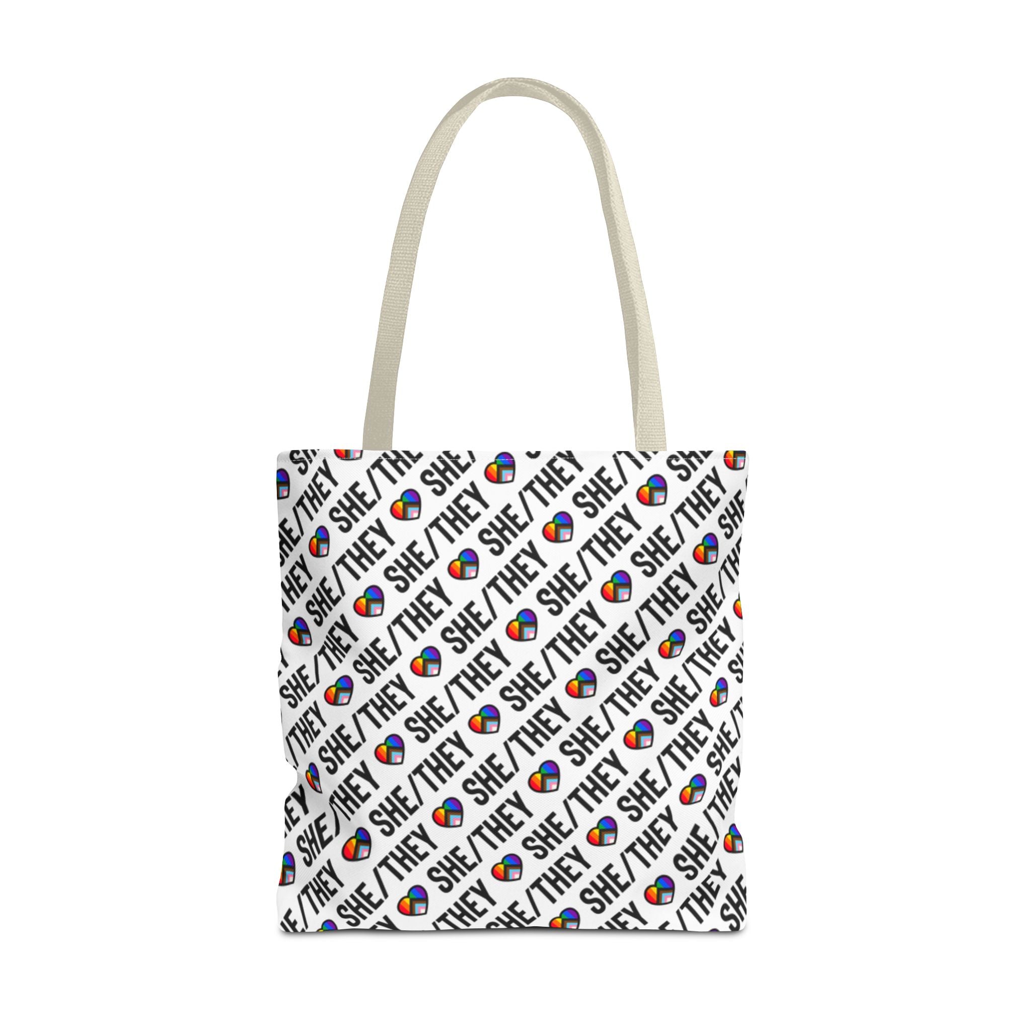 She/They Pride Pattern Tote Bag | All-Over Print Pronoun Carryall
