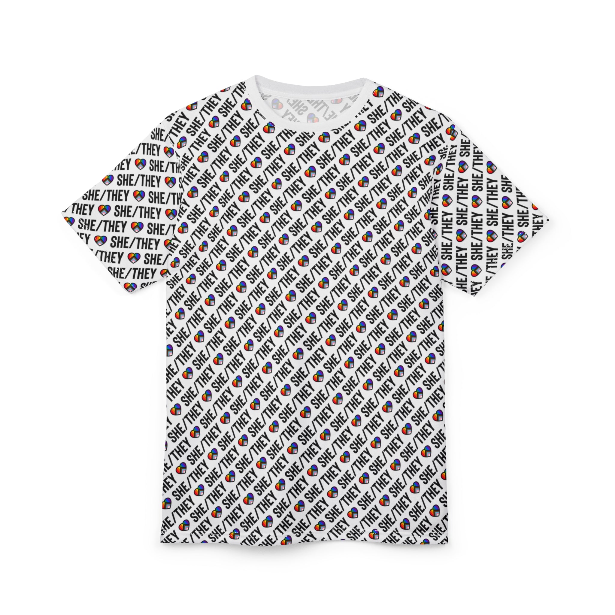 She/They Pride Pattern T-Shirt | All-Over Print Pronoun Tee