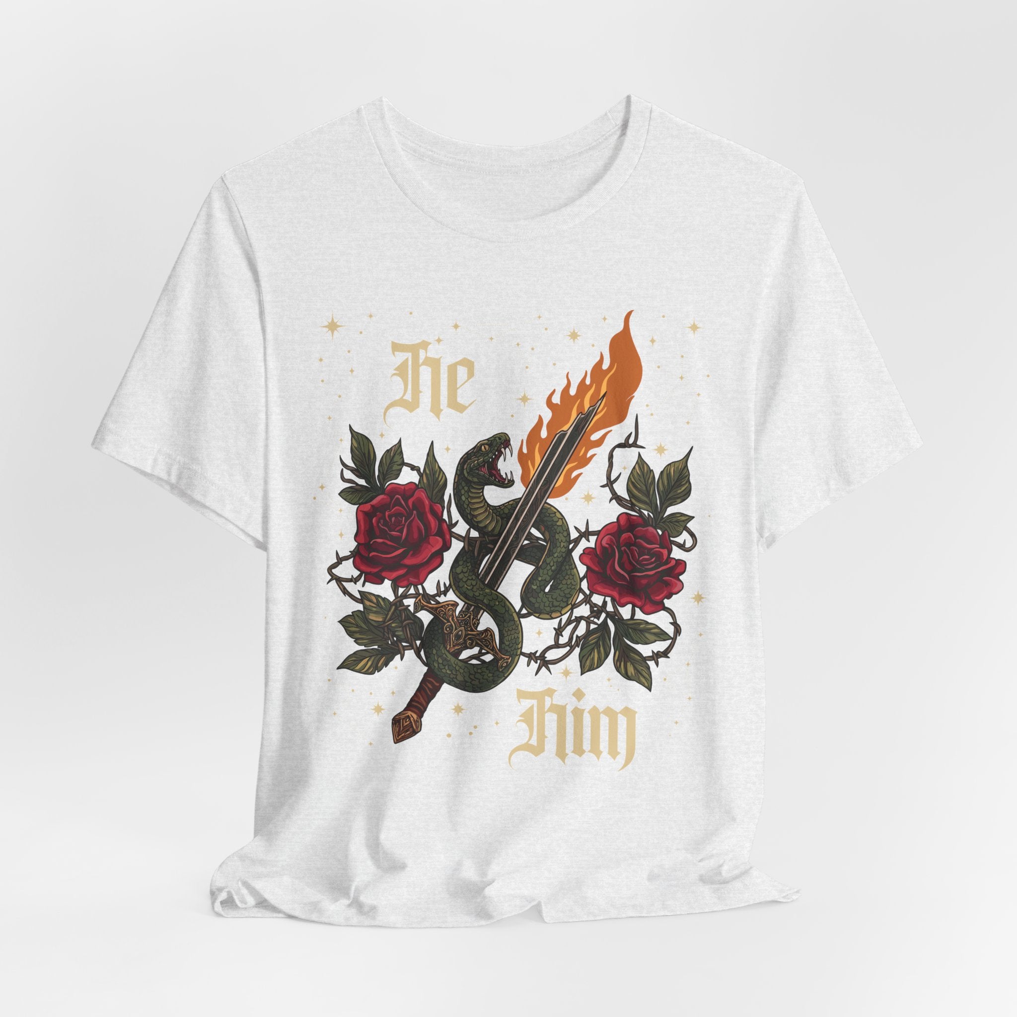He/Him Gothic Tattoo T-Shirt | Bella+Canvas 3001 Pronoun Graphic Tee
